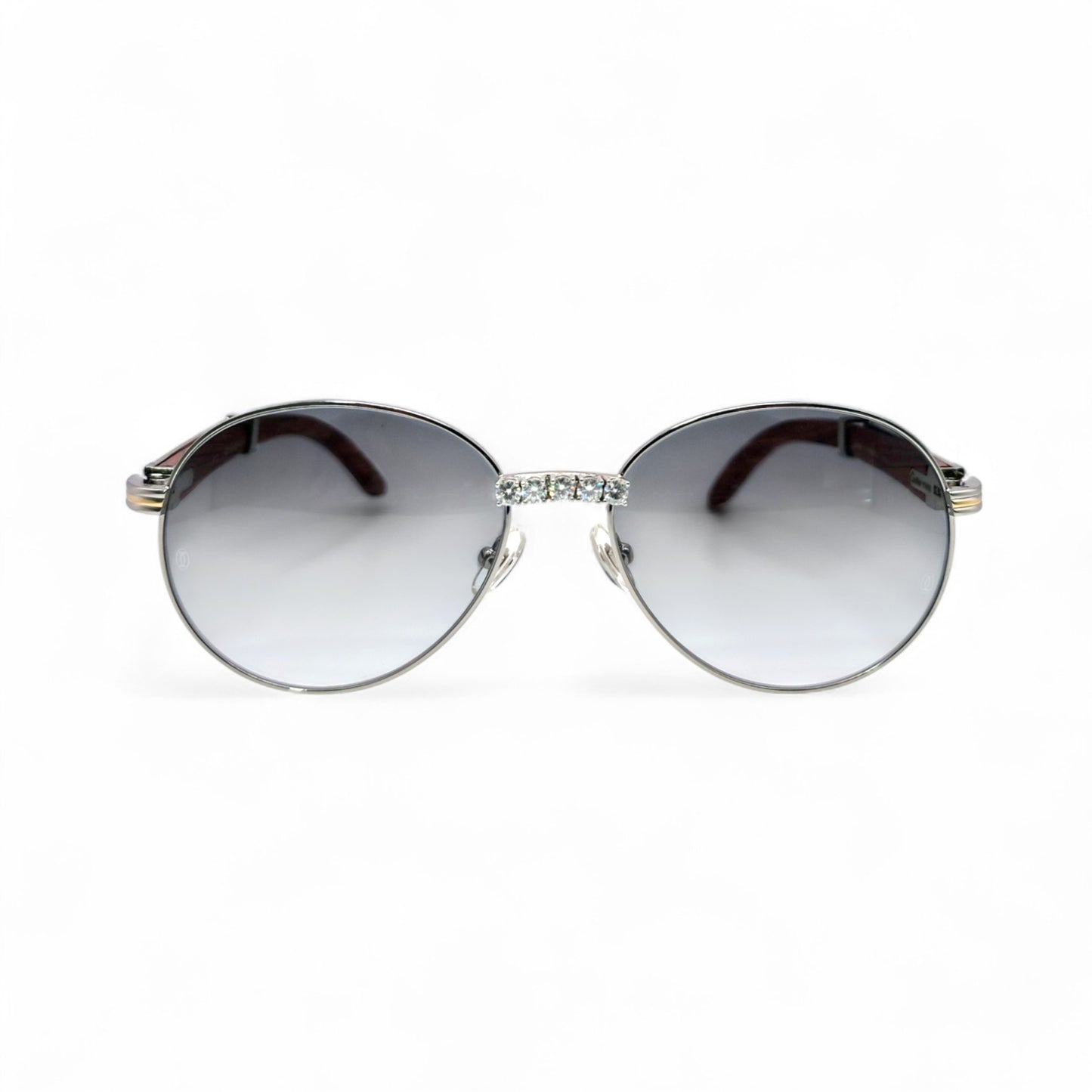 Bagatelle (Iced - Moissanite) - 55-18 Silver Woods Sunglasses w/ Round Lenses - Moissanite Diamonds Set (90s)