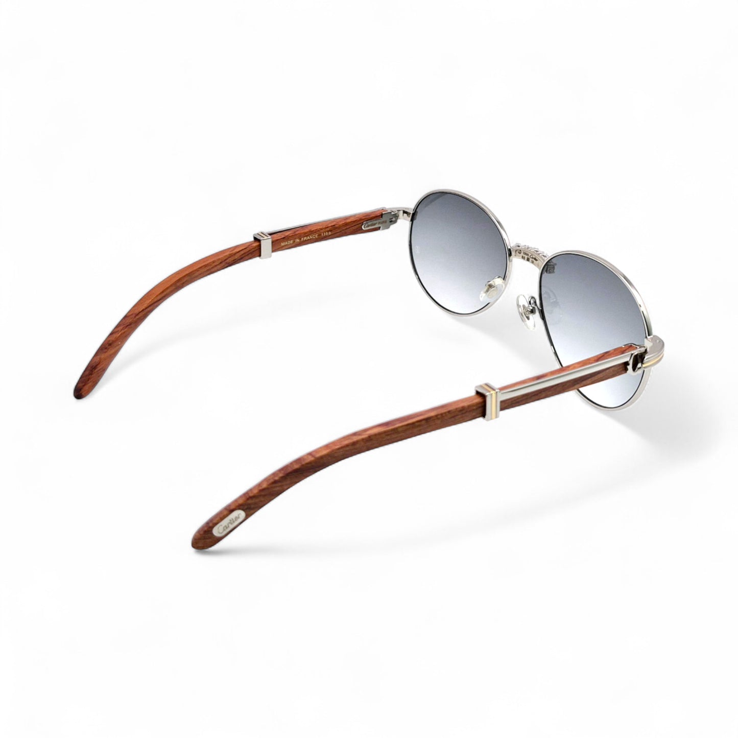 Bagatelle (Iced - Moissanite) - 55-18 Silver Woods Sunglasses w/ Round Lenses - Moissanite Diamonds Set (90s)
