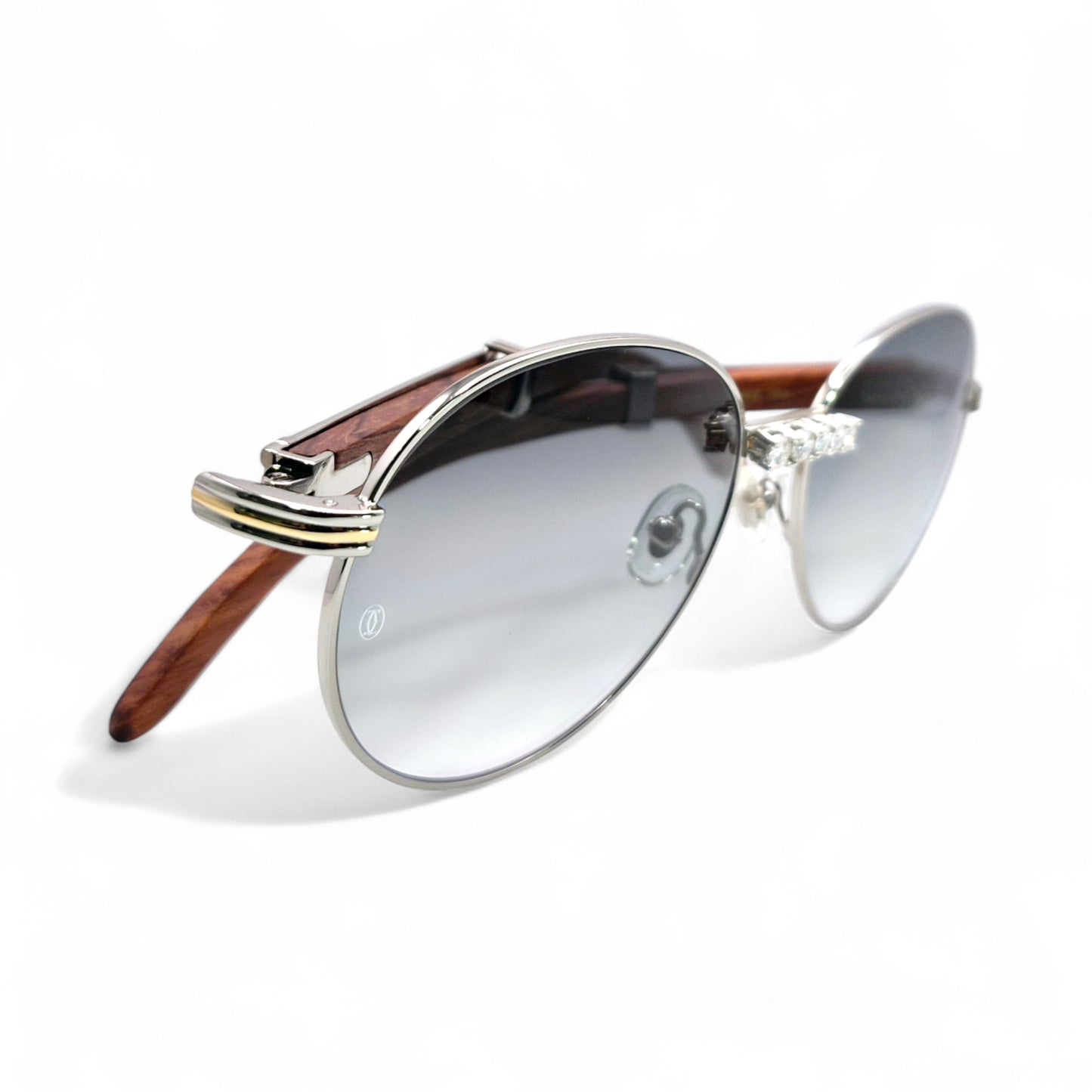 Bagatelle (Iced - Moissanite) - 55-18 Silver Woods Sunglasses w/ Round Lenses - Moissanite Diamonds Set (90s)