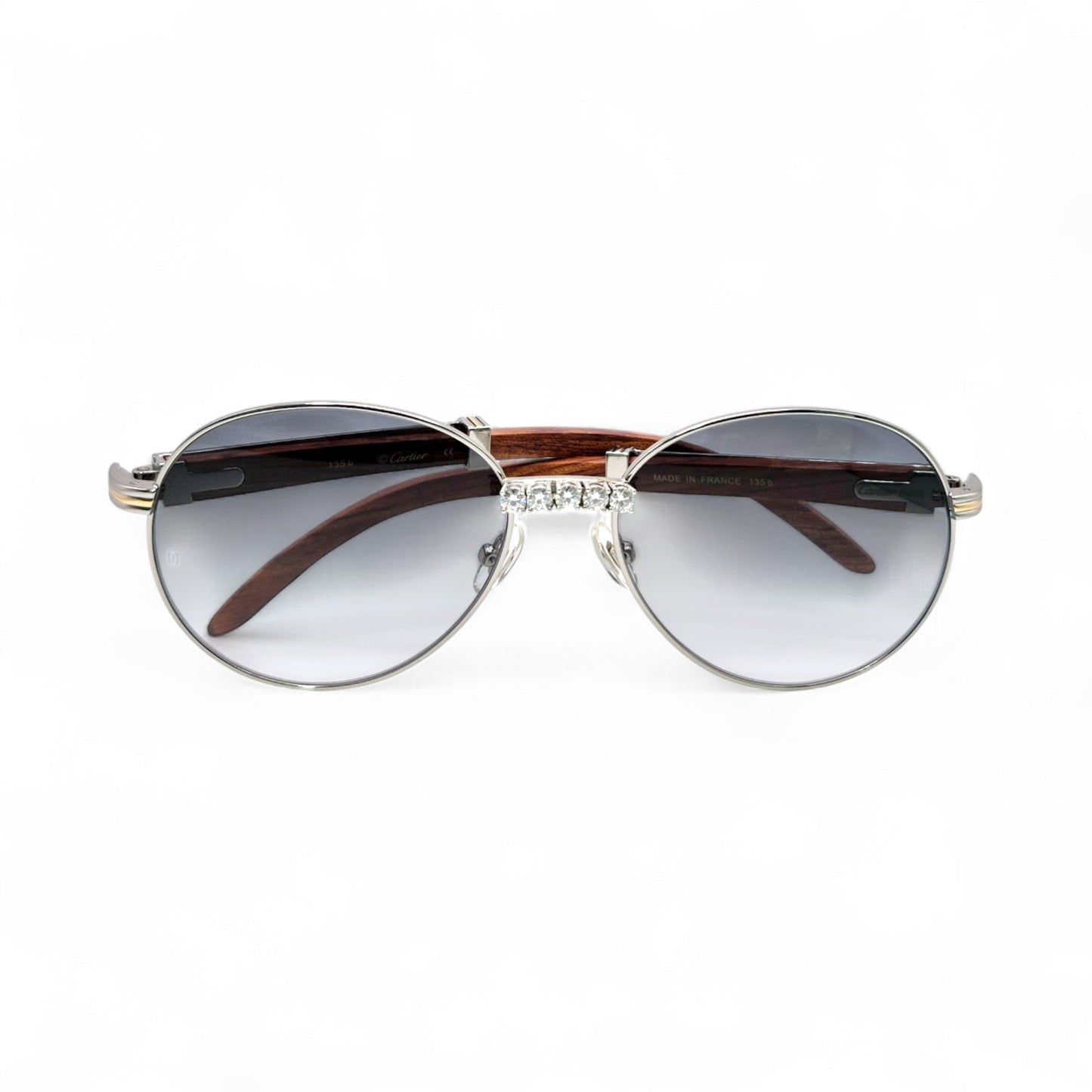 Bagatelle (Iced - Moissanite) - 55-18 Silver Woods Sunglasses w/ Round Lenses - Moissanite Diamonds Set (90s)