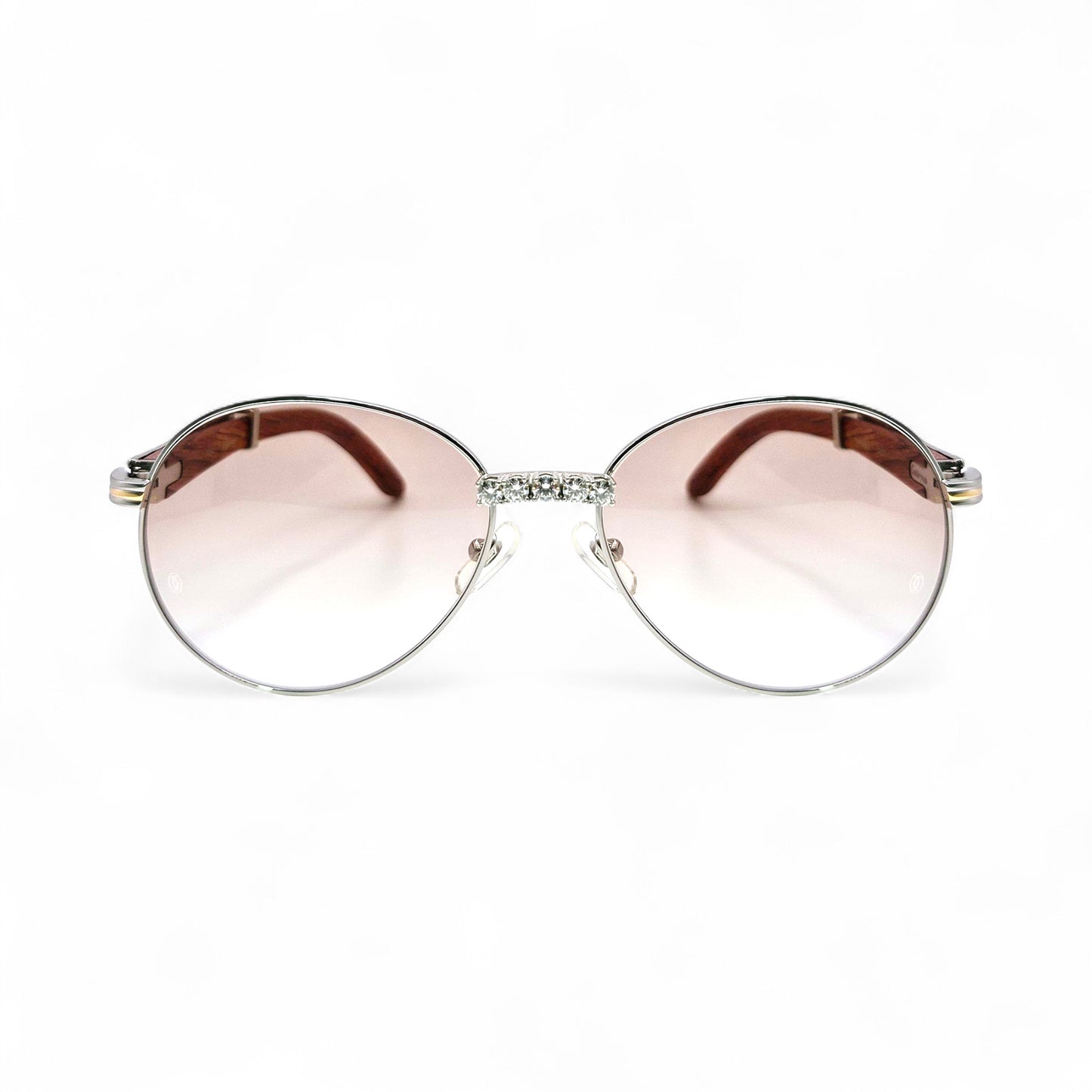 Bagatelle (Iced - Moissanite) - 55-18 Silver Woods Sunglasses w/ Round Lenses - Moissanite Diamonds Set (90s)