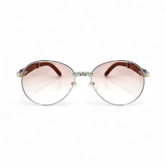 Bagatelle (Iced - Moissanite) - 55-18 Silver Woods Sunglasses w/ Round Lenses - Moissanite Diamonds Set (90s)