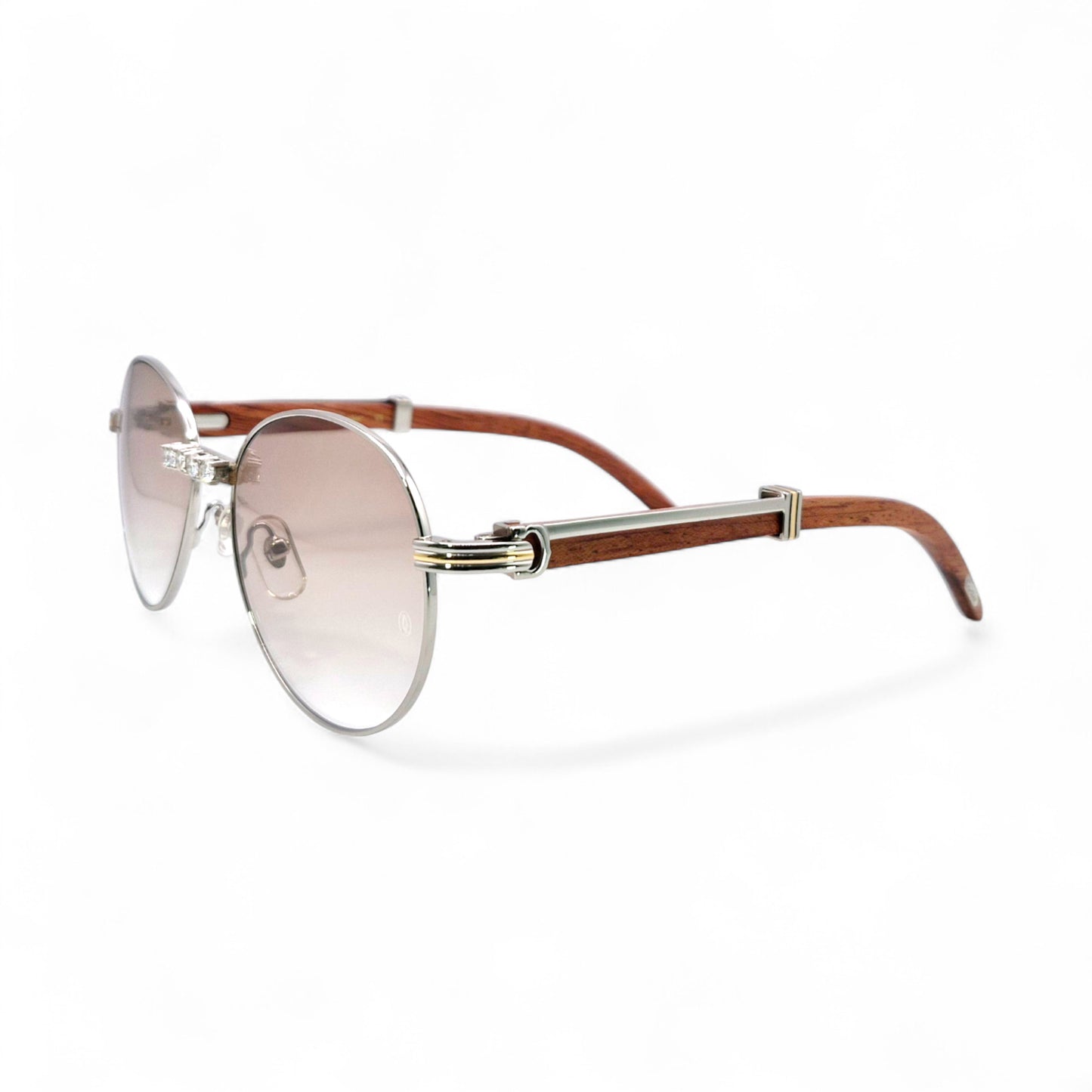 Bagatelle (Iced - Moissanite) - 55-18 Silver Woods Sunglasses w/ Round Lenses - Moissanite Diamonds Set (90s)