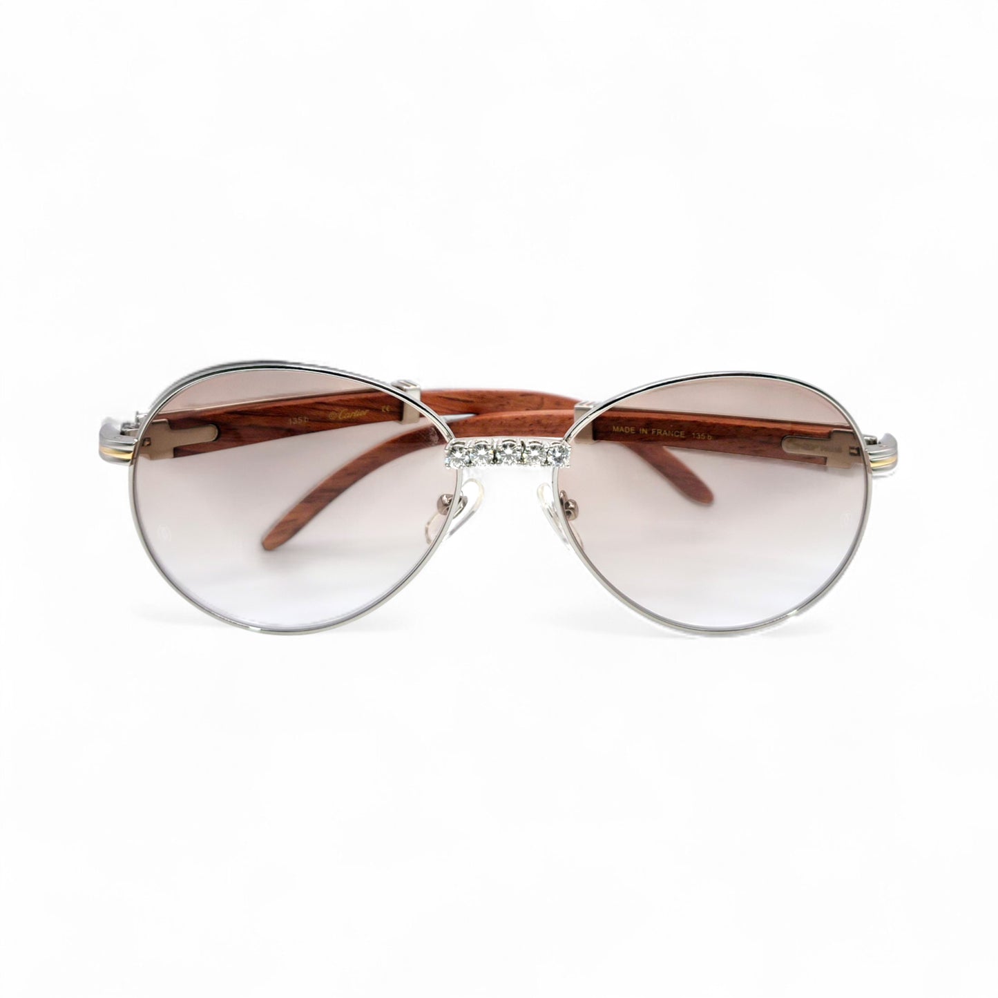 Bagatelle (Iced - Moissanite) - 55-18 Silver Woods Sunglasses w/ Round Lenses - Moissanite Diamonds Set (90s)