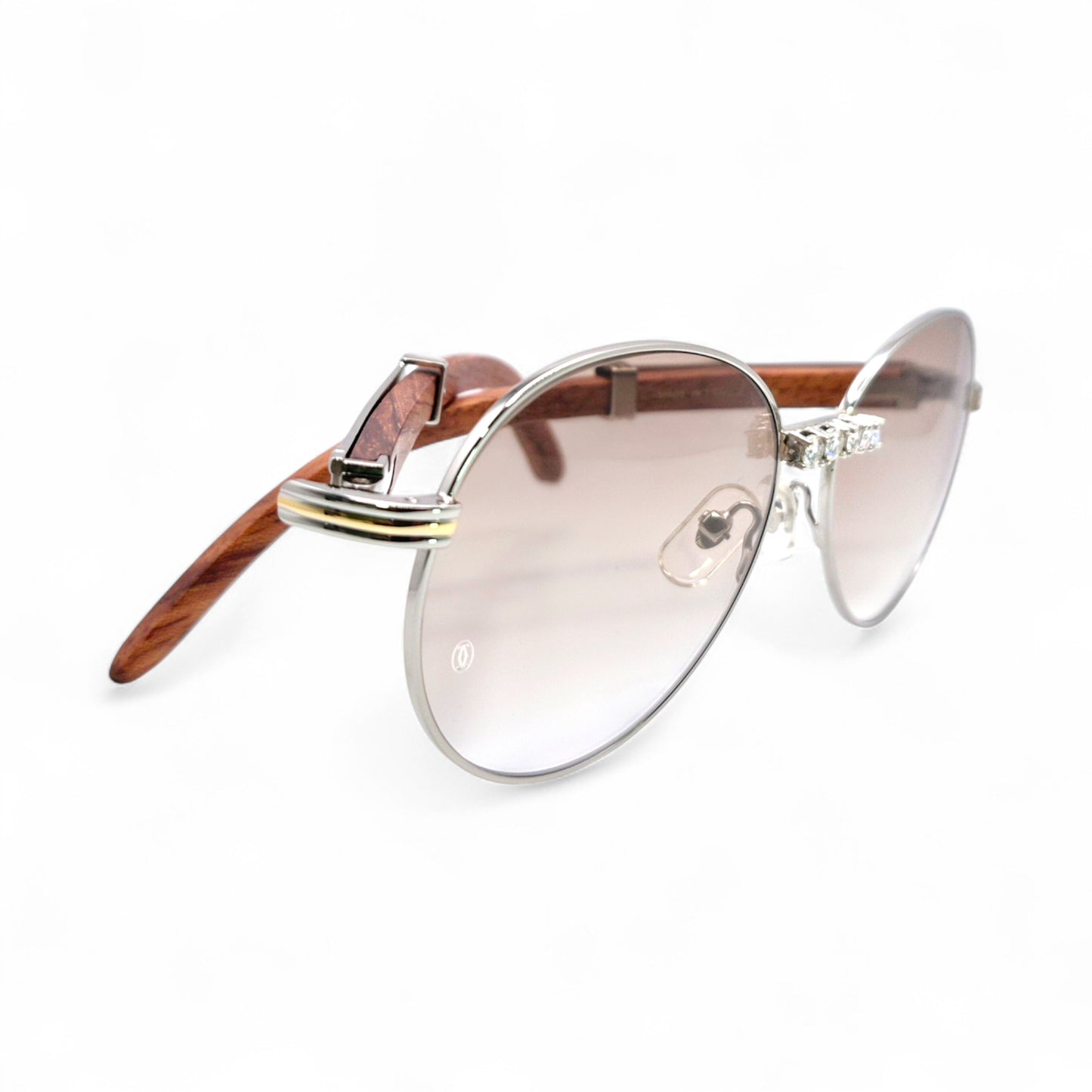 Bagatelle (Iced - Moissanite) - 55-18 Silver Woods Sunglasses w/ Round Lenses - Moissanite Diamonds Set (90s)