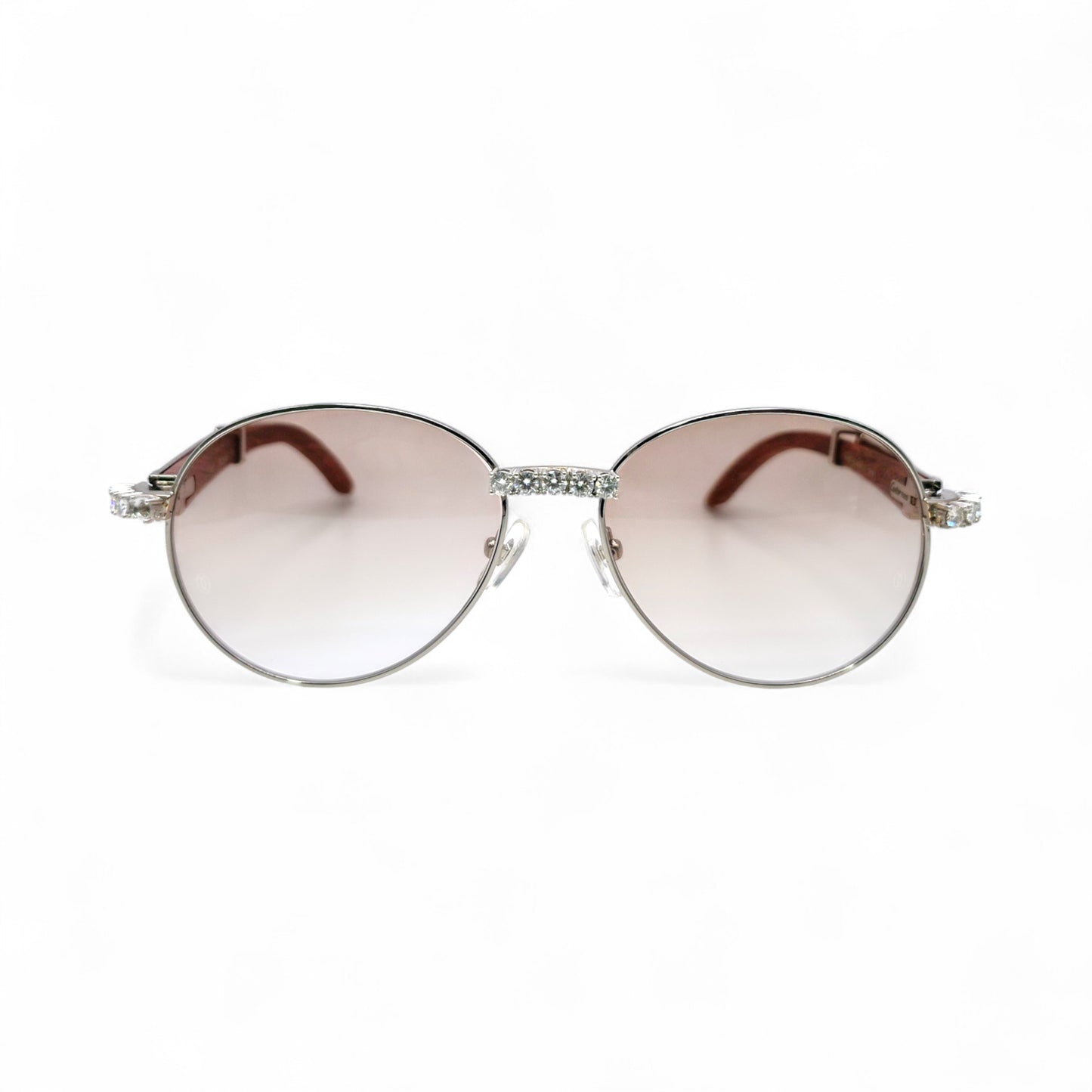 Bagatelle (Iced - Moissanite) - 55-18 Silver Woods Sunglasses w/ Round Lenses - Moissanite Diamonds Set (90s)