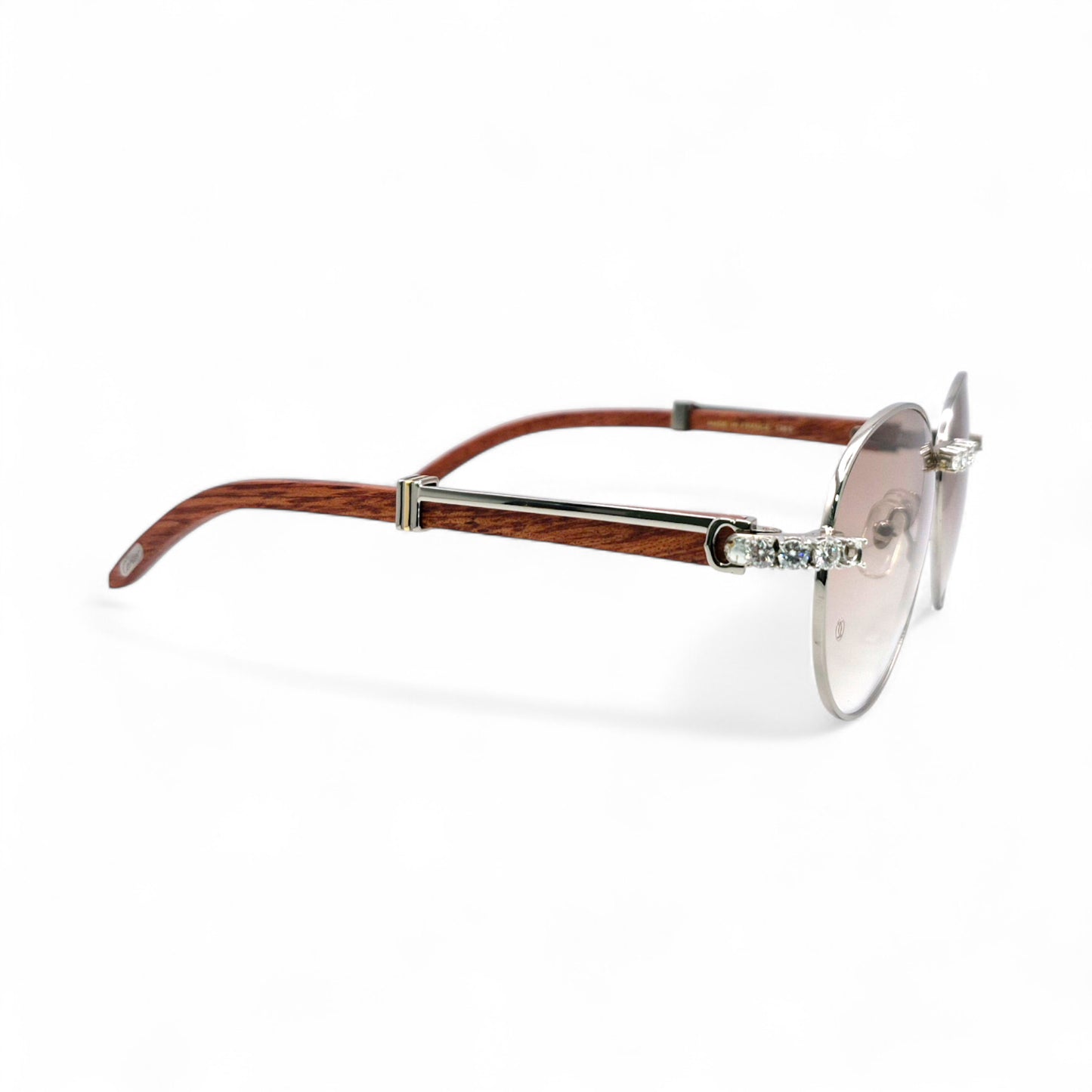 Bagatelle (Iced - Moissanite) - 55-18 Silver Woods Sunglasses w/ Round Lenses - Moissanite Diamonds Set (90s)