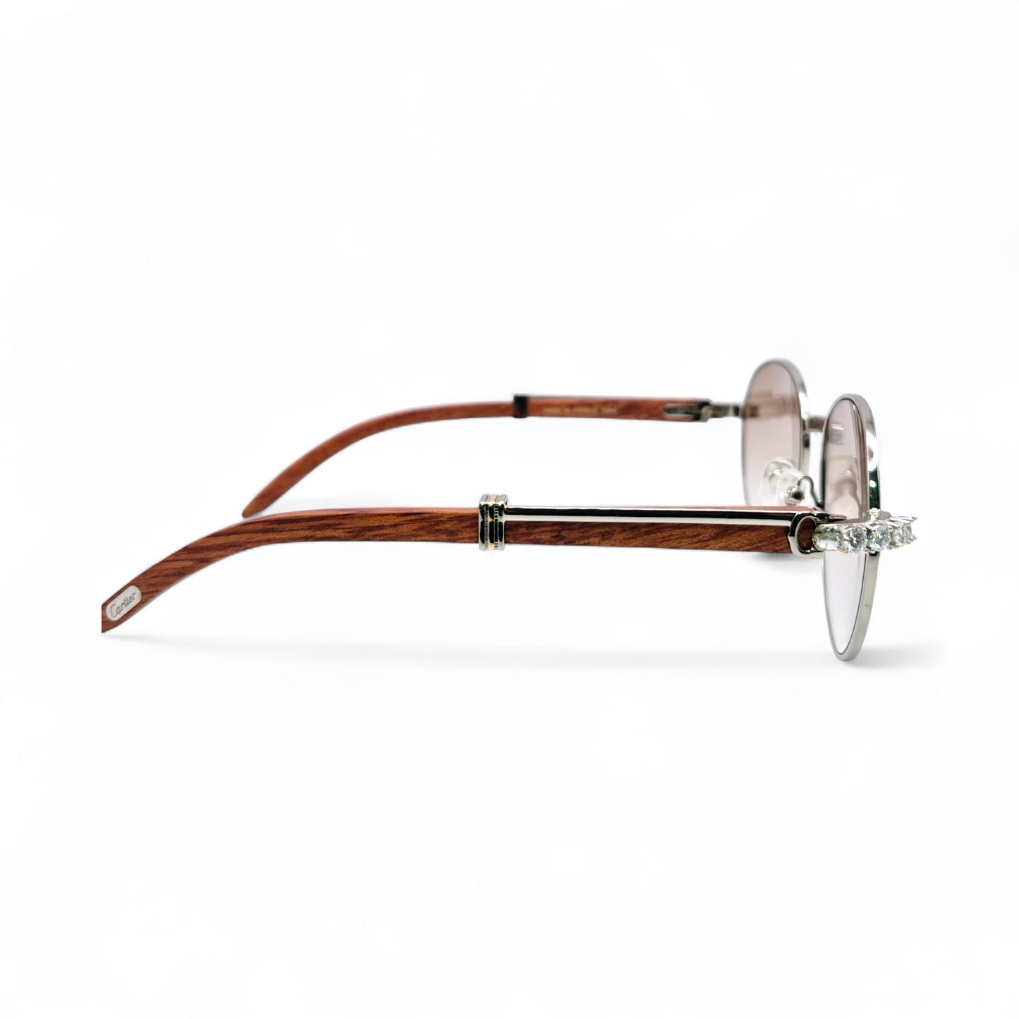 Bagatelle (Iced - Moissanite) - 55-18 Silver Woods Sunglasses w/ Round Lenses - Moissanite Diamonds Set (90s)