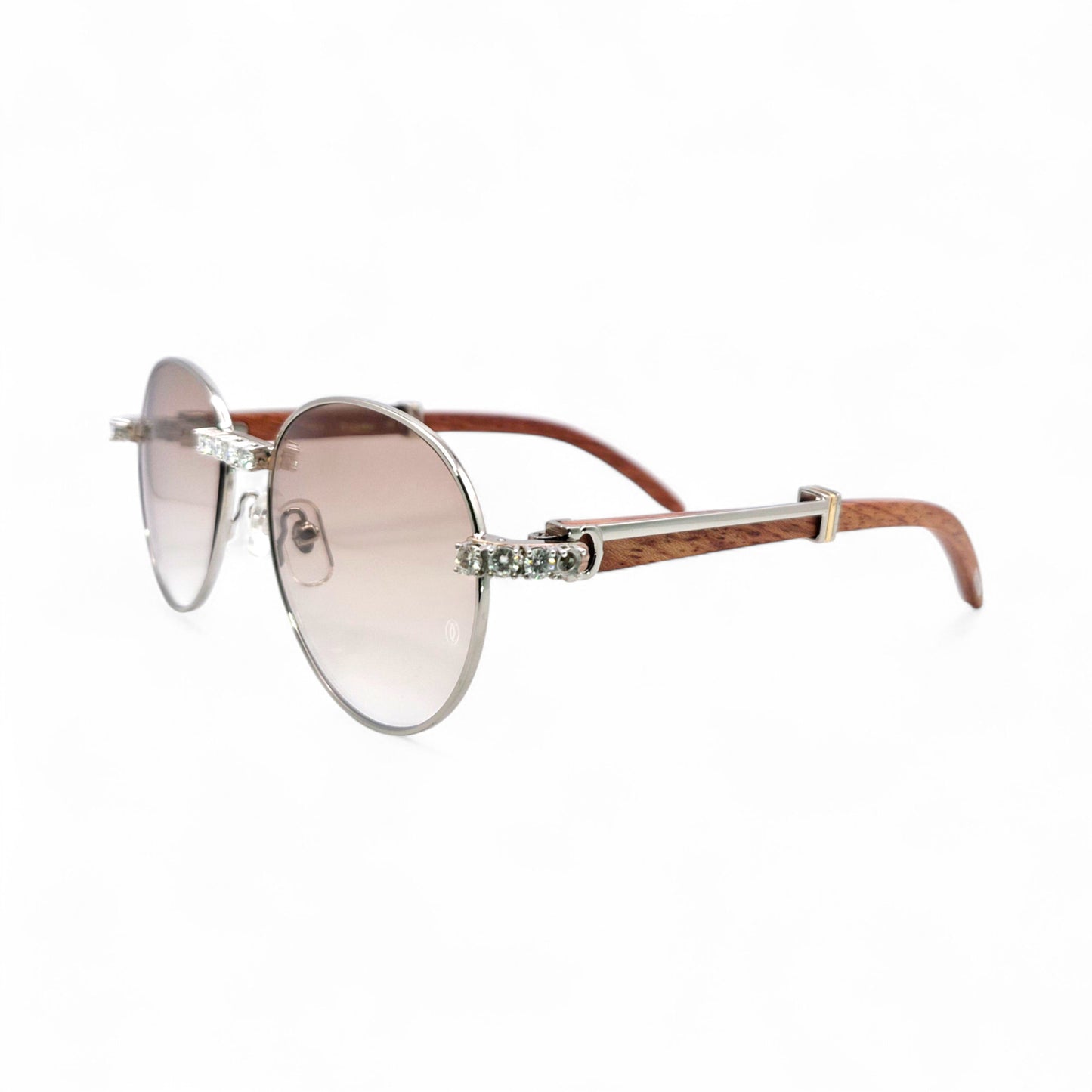 Bagatelle (Iced - Moissanite) - 55-18 Silver Woods Sunglasses w/ Round Lenses - Moissanite Diamonds Set (90s)