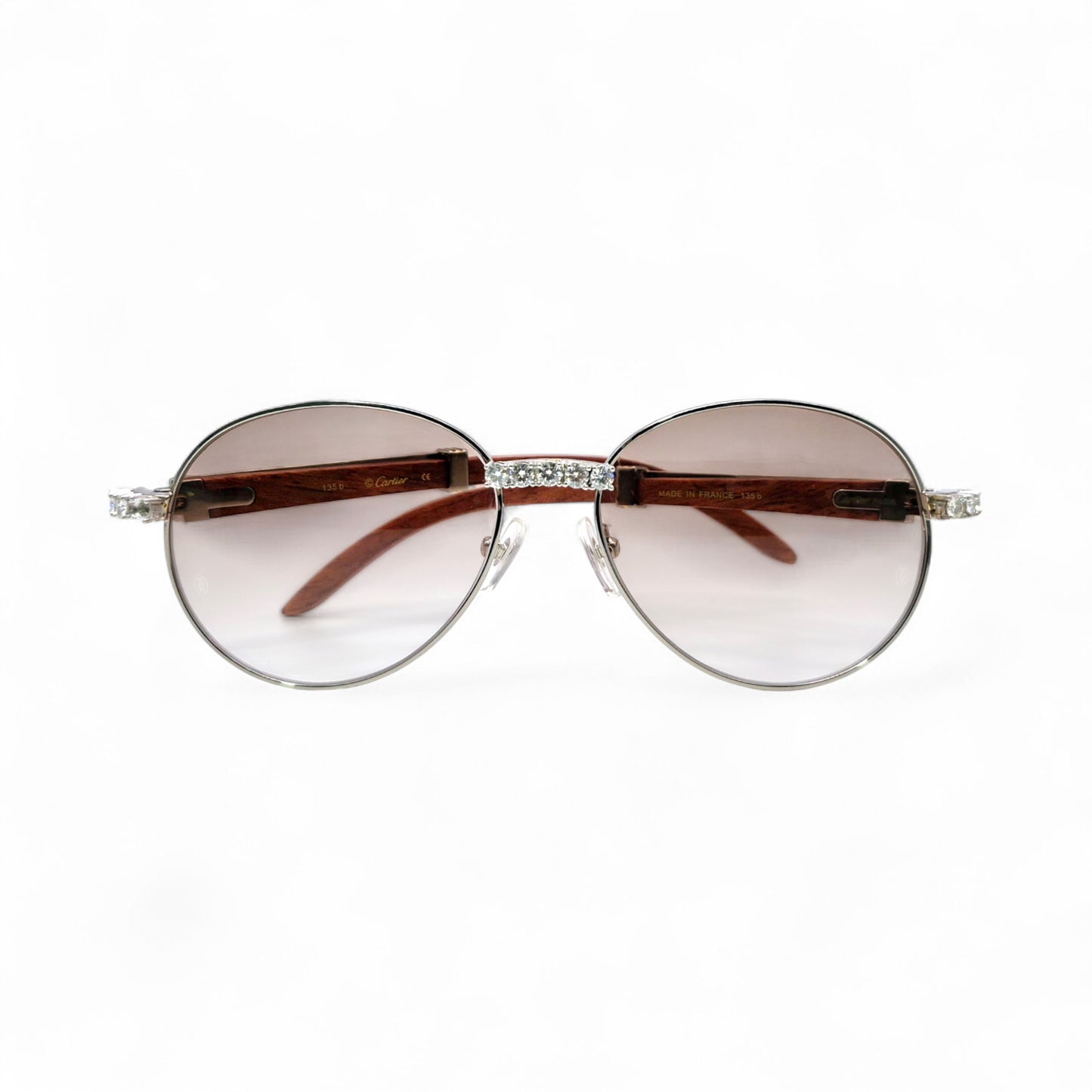 Bagatelle (Iced - Moissanite) - 55-18 Silver Woods Sunglasses w/ Round Lenses - Moissanite Diamonds Set (90s)