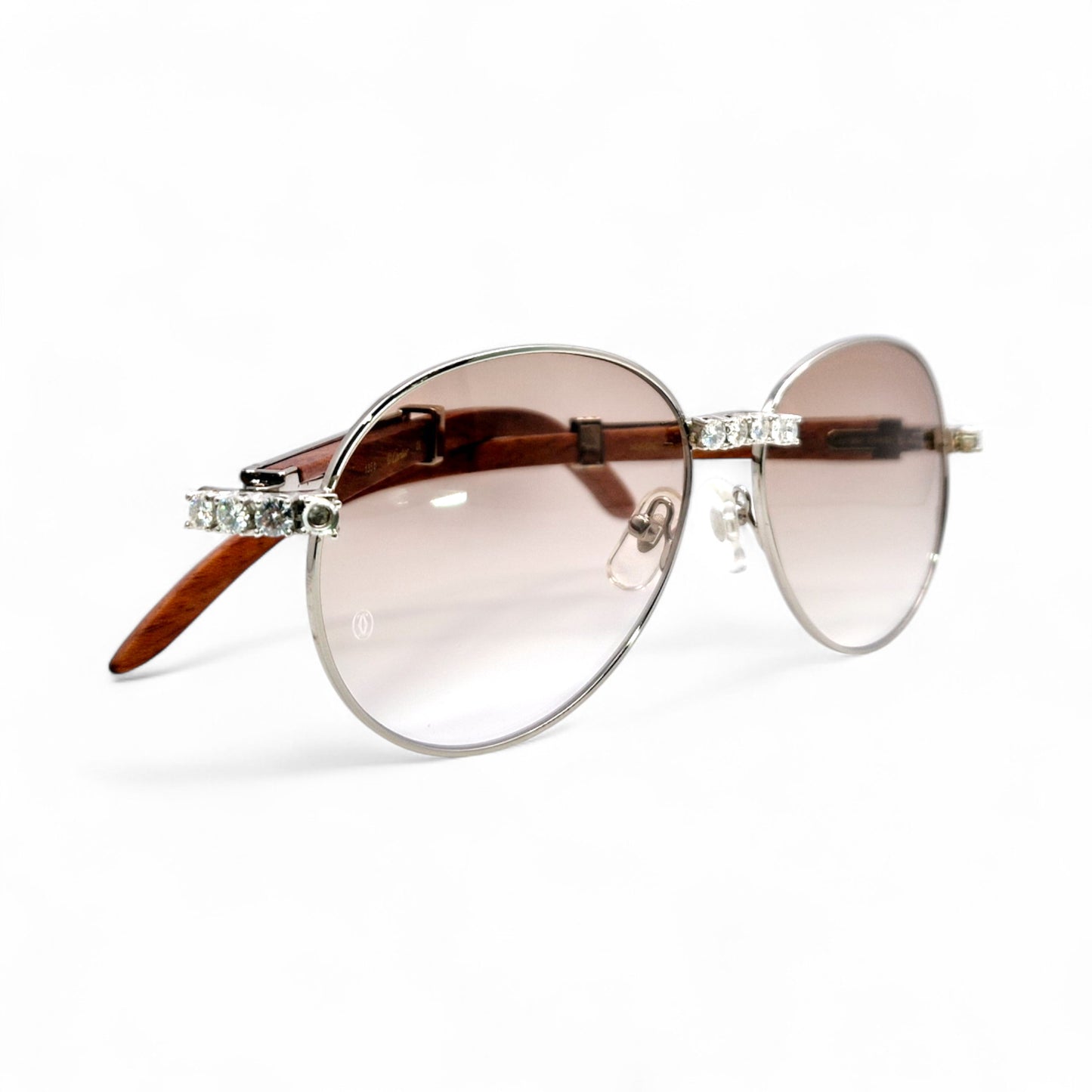 Bagatelle (Iced - Moissanite) - 55-18 Silver Woods Sunglasses w/ Round Lenses - Moissanite Diamonds Set (90s)