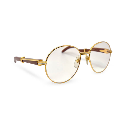 Authentic Cartier Bagatelle - 55-18 Vintage Gold Woods Eyeglasses w/ Clear Lenses (90s) - Luxury Optical