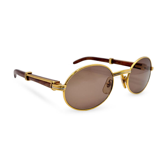 Authentic Cartier Giverny - 53-22 Gold Woods Sunglasses w/ Brown Oval Lenses (90s) - Luxury Optical