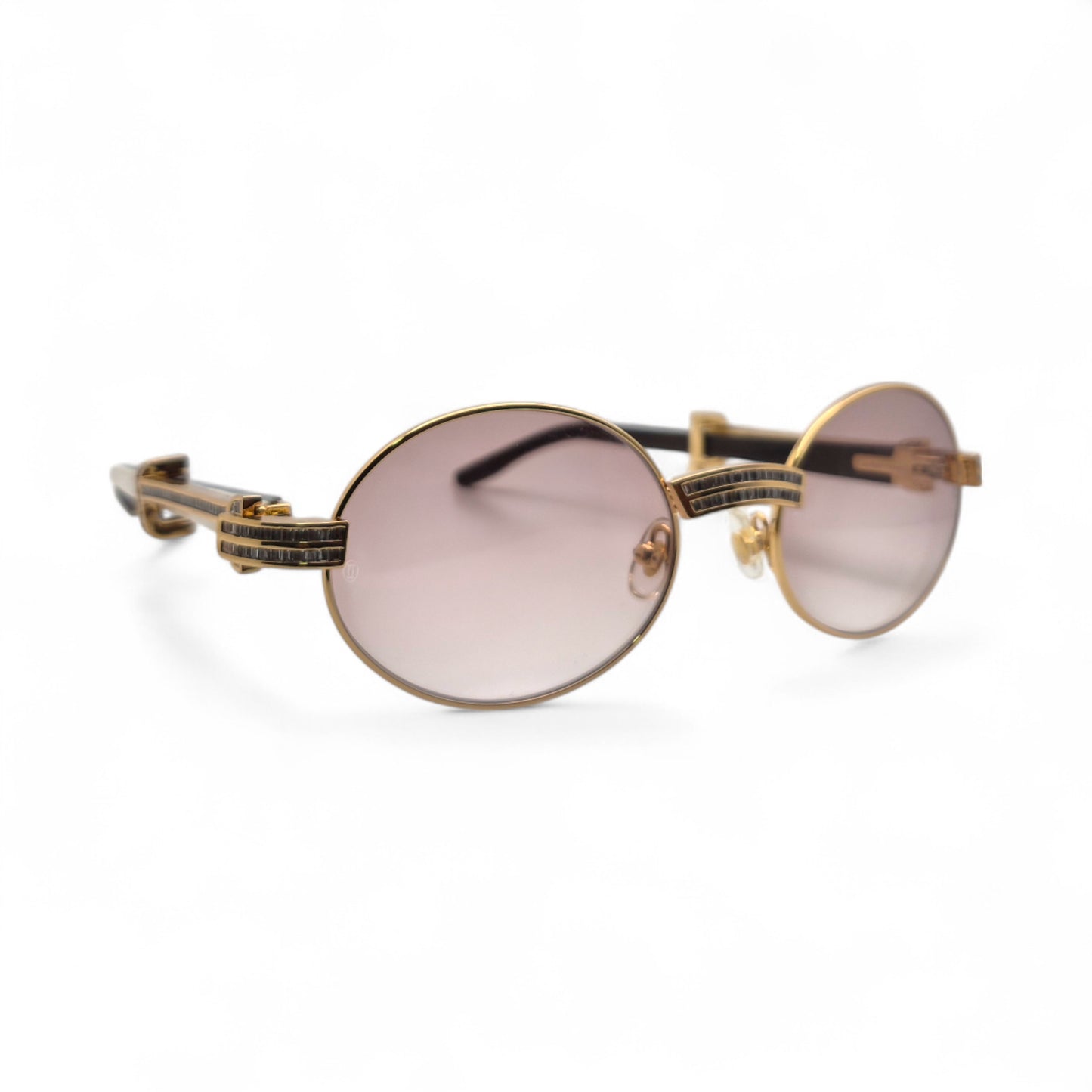 Giverny (Iced) - 55-22 Gold Genuine Horn Sunglasses w/ Brown Lenses & Baguette Diamonds Channel Set (90s)