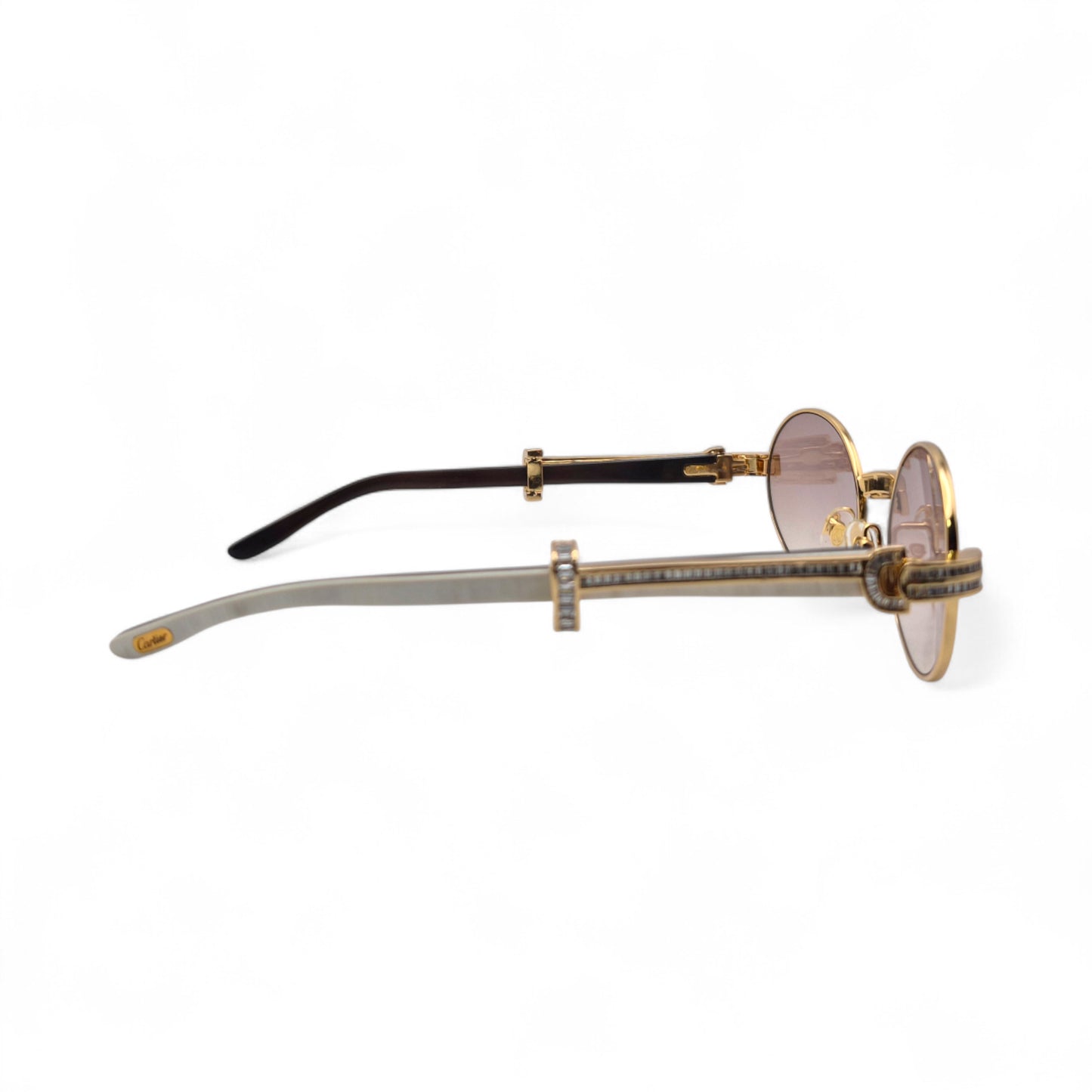 Giverny (Iced) - 55-22 Gold Genuine Horn Sunglasses w/ Brown Lenses & Baguette Diamonds Channel Set (90s)