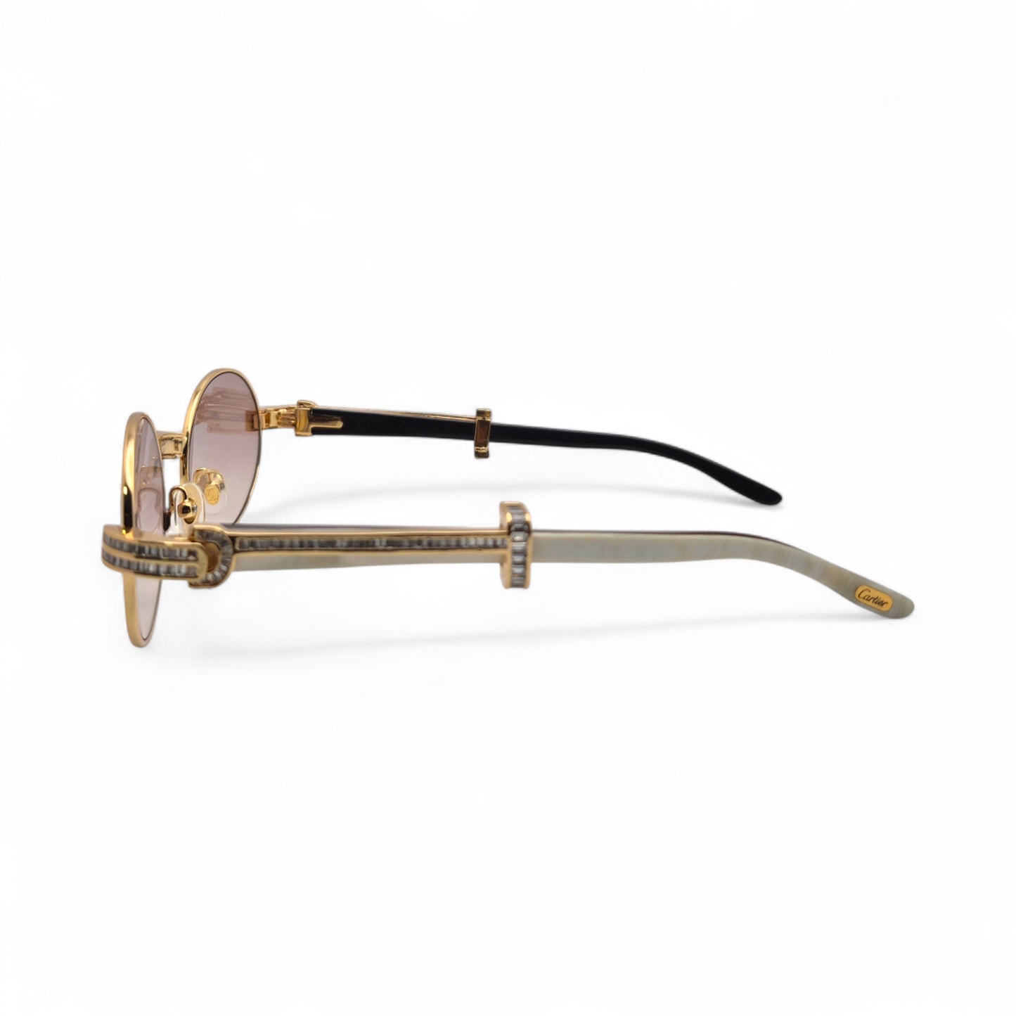 Giverny (Iced) - 55-22 Gold Genuine Horn Sunglasses w/ Brown Lenses & Baguette Diamonds Channel Set (90s)