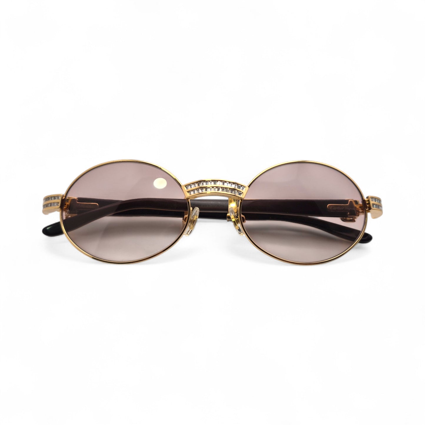 Giverny (Iced) - 55-22 Gold Genuine Horn Sunglasses w/ Brown Lenses & Baguette Diamonds Channel Set (90s)