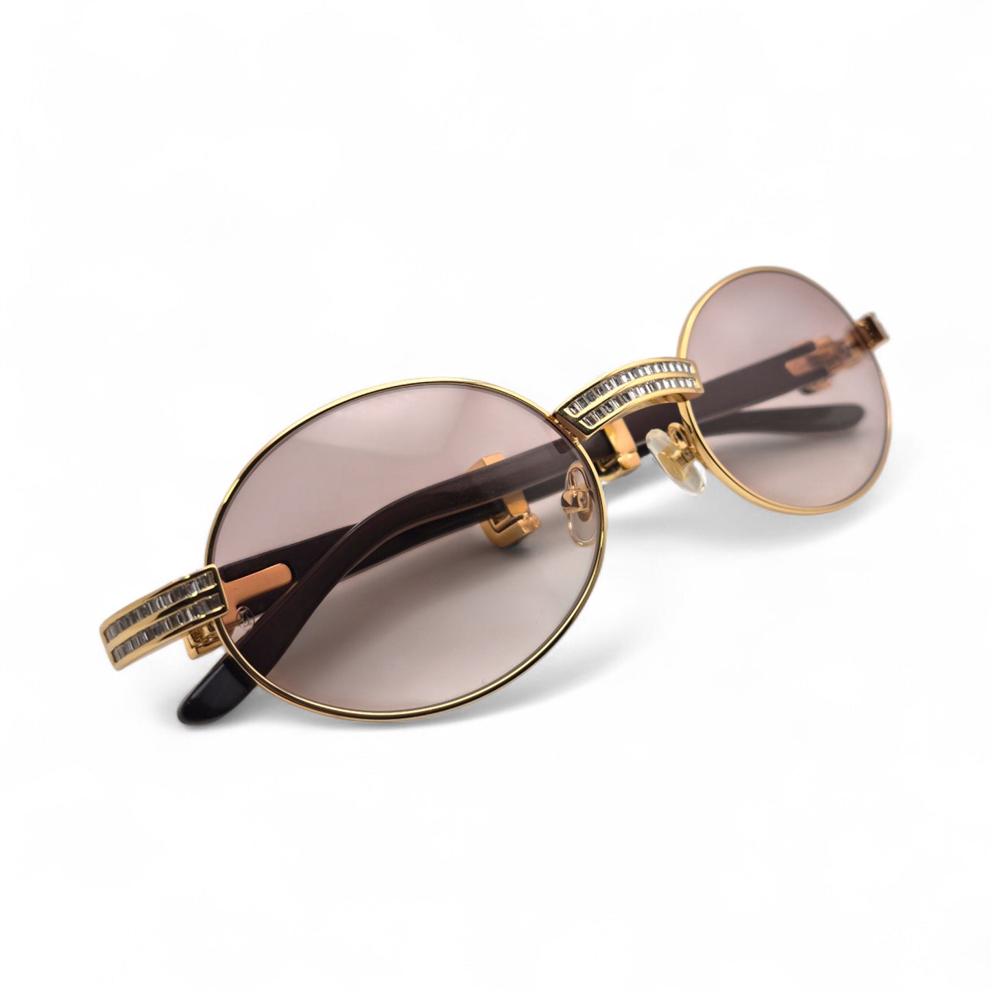 Giverny (Iced) - 55-22 Gold Genuine Horn Sunglasses w/ Brown Lenses & Baguette Diamonds Channel Set (90s)
