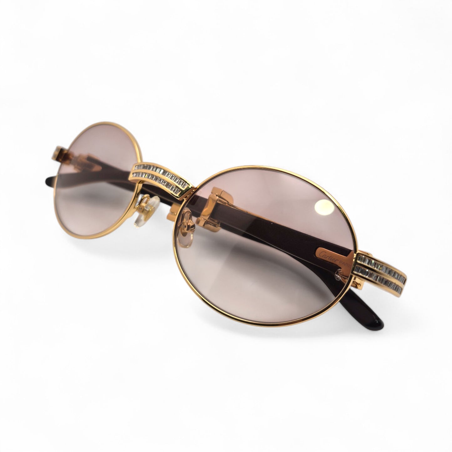 Giverny (Iced) - 55-22 Gold Genuine Horn Sunglasses w/ Brown Lenses & Baguette Diamonds Channel Set (90s)