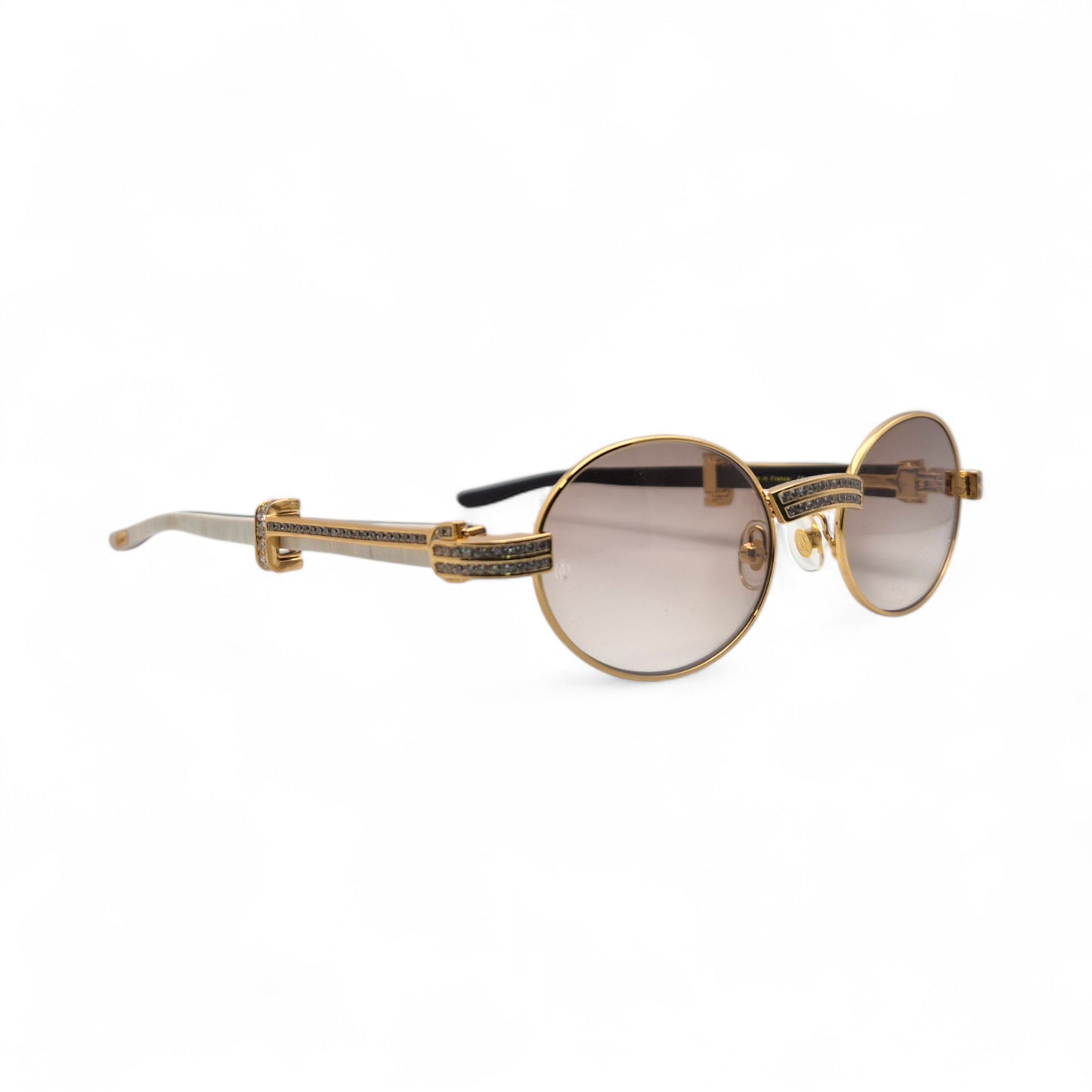 Giverny (Iced) - 55-22 Gold Genuine White Horn Sunglasses w/ Brown Lenses & Round Diamonds Channel Set (90s)