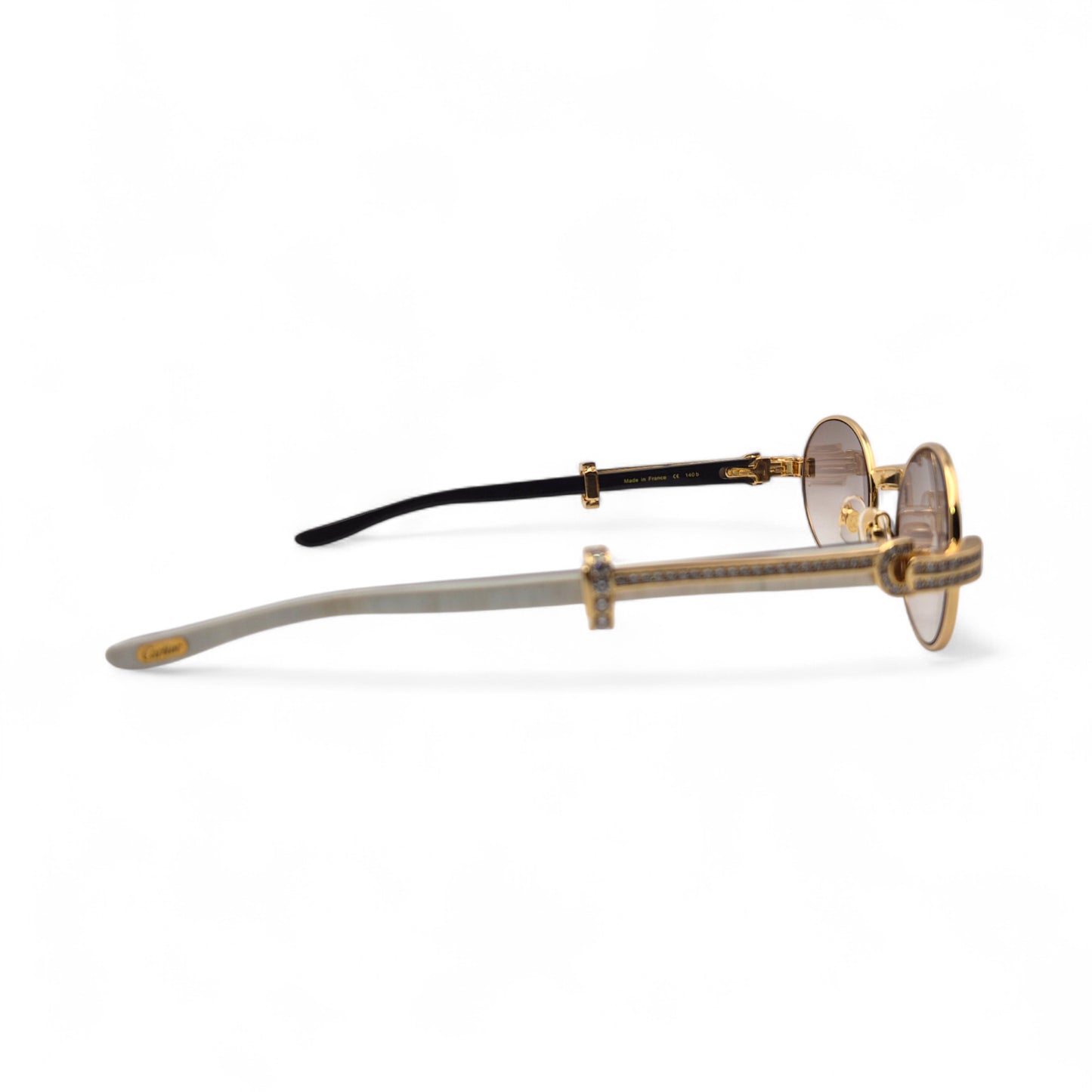 Giverny (Iced) - 55-22 Gold Genuine White Horn Sunglasses w/ Brown Lenses & Round Diamonds Channel Set (90s)
