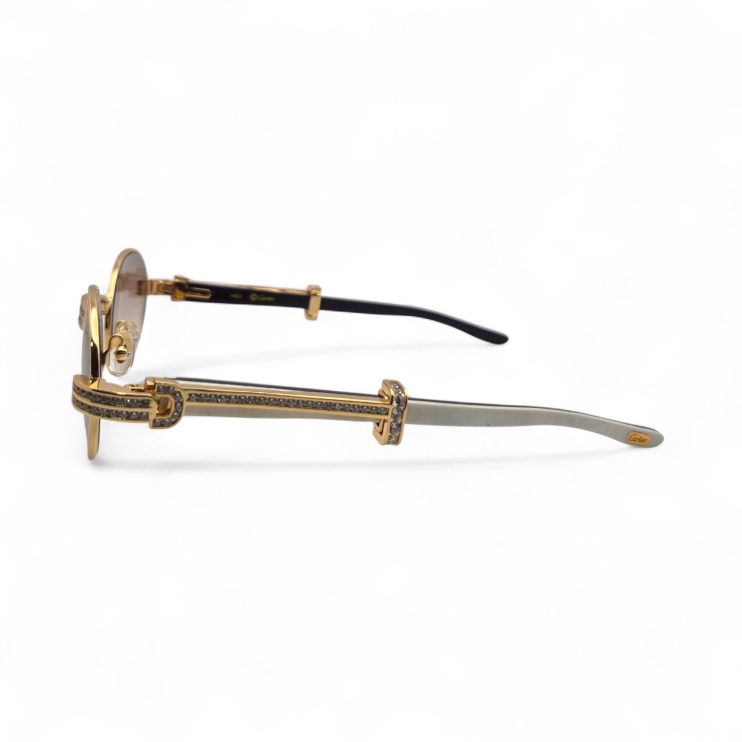 Giverny (Iced) - 55-22 Gold Genuine White Horn Sunglasses w/ Brown Lenses & Round Diamonds Channel Set (90s)