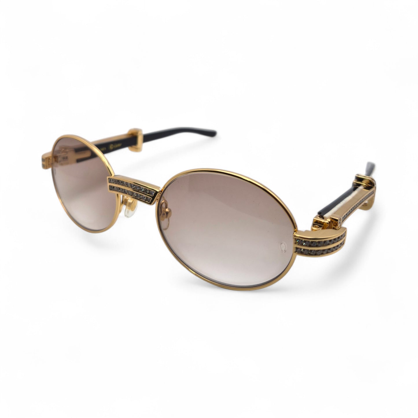 Giverny (Iced) - 55-22 Gold Genuine White Horn Sunglasses w/ Brown Lenses & Round Diamonds Channel Set (90s)