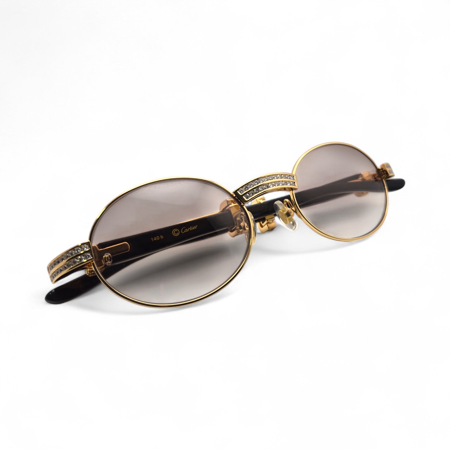 Giverny (Iced) - 55-22 Gold Genuine White Horn Sunglasses w/ Brown Lenses & Round Diamonds Channel Set (90s)