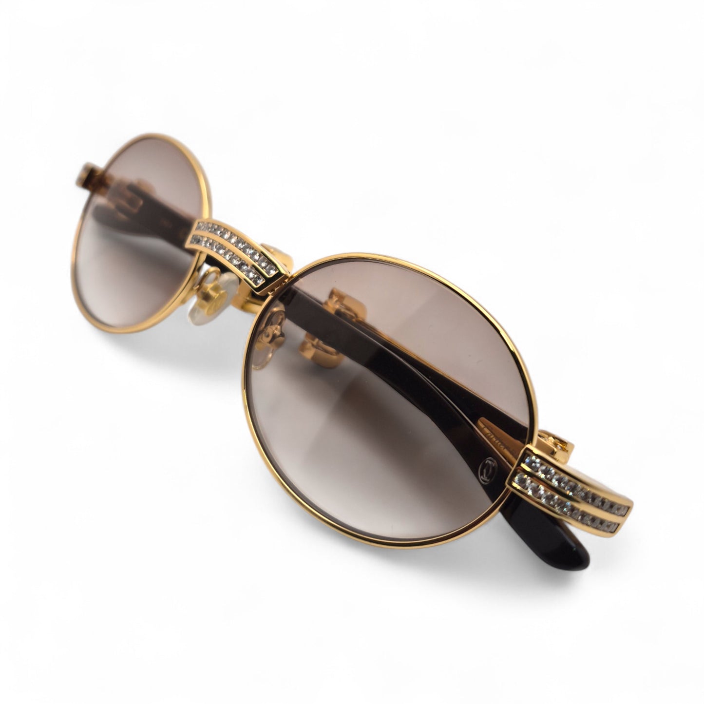 Giverny (Iced) - 55-22 Gold Genuine White Horn Sunglasses w/ Brown Lenses & Round Diamonds Channel Set (90s)