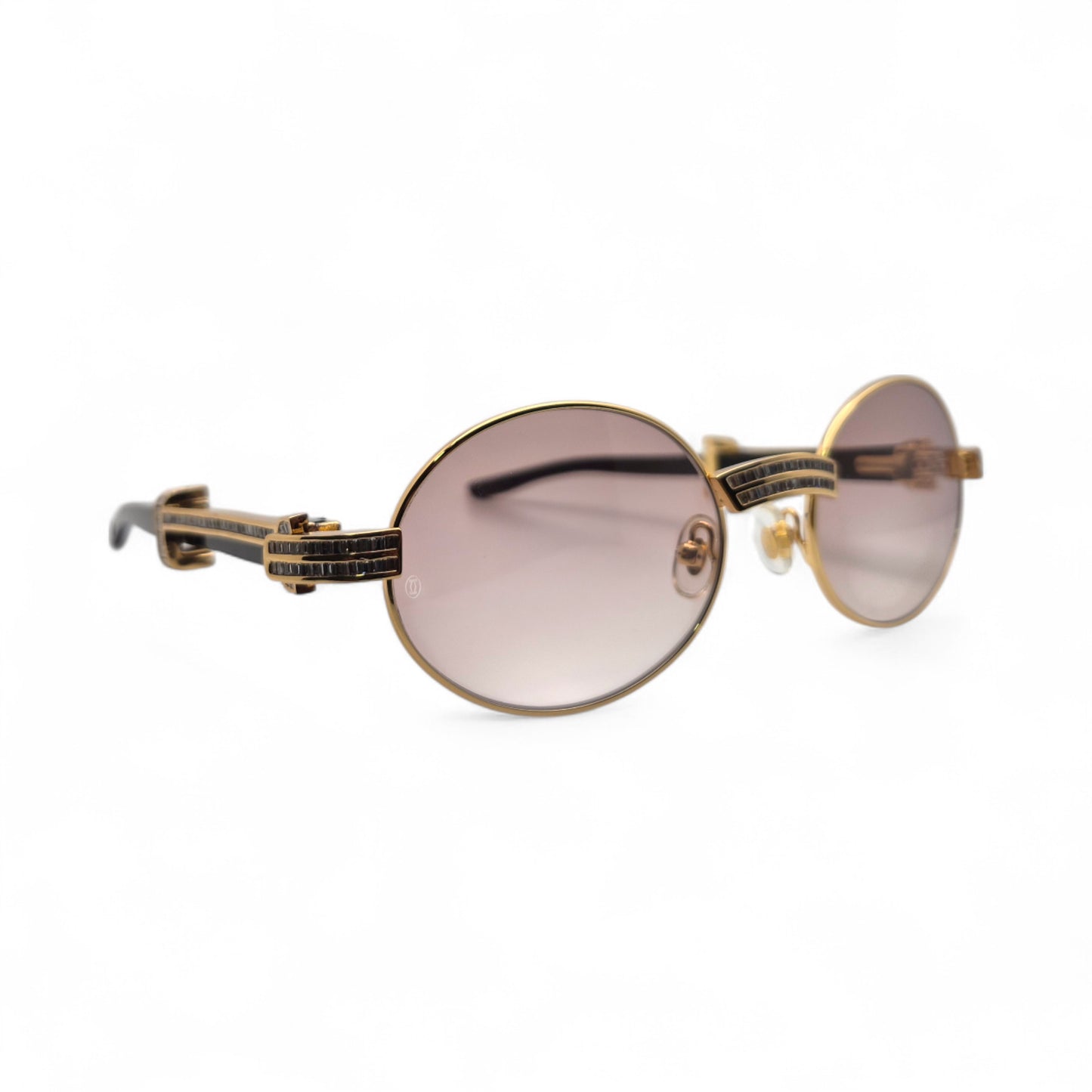 Giverny (Iced) - 55-22 Gold Genuine Horn Sunglasses w/ Brown Lenses & Baguette Diamonds Channel Set (90s)