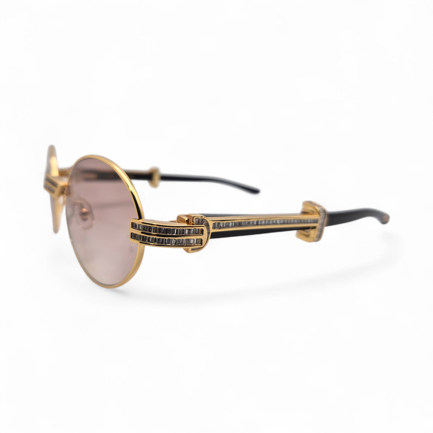 Giverny (Iced) - 55-22 Gold Genuine Horn Sunglasses w/ Brown Lenses & Baguette Diamonds Channel Set (90s)