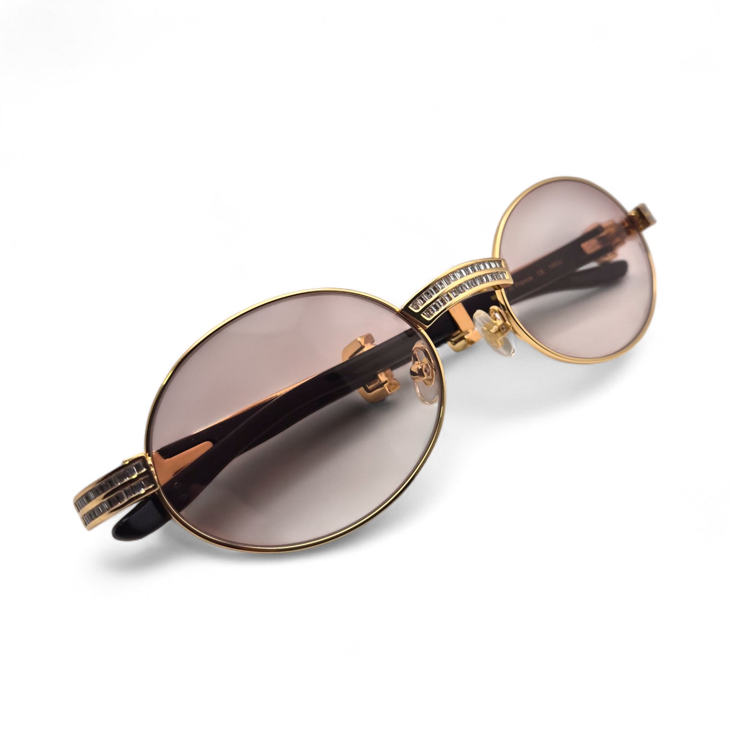 Giverny (Iced) - 55-22 Gold Genuine Horn Sunglasses w/ Brown Lenses & Baguette Diamonds Channel Set (90s)