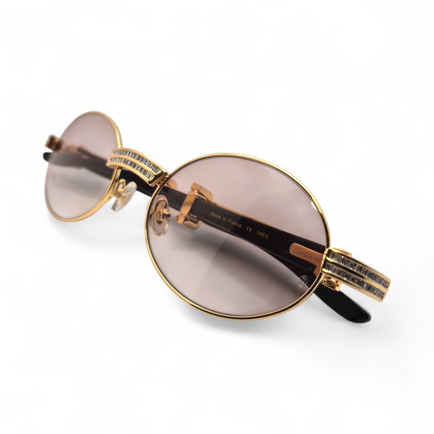 Giverny (Iced) - 55-22 Gold Genuine Horn Sunglasses w/ Brown Lenses & Baguette Diamonds Channel Set (90s)