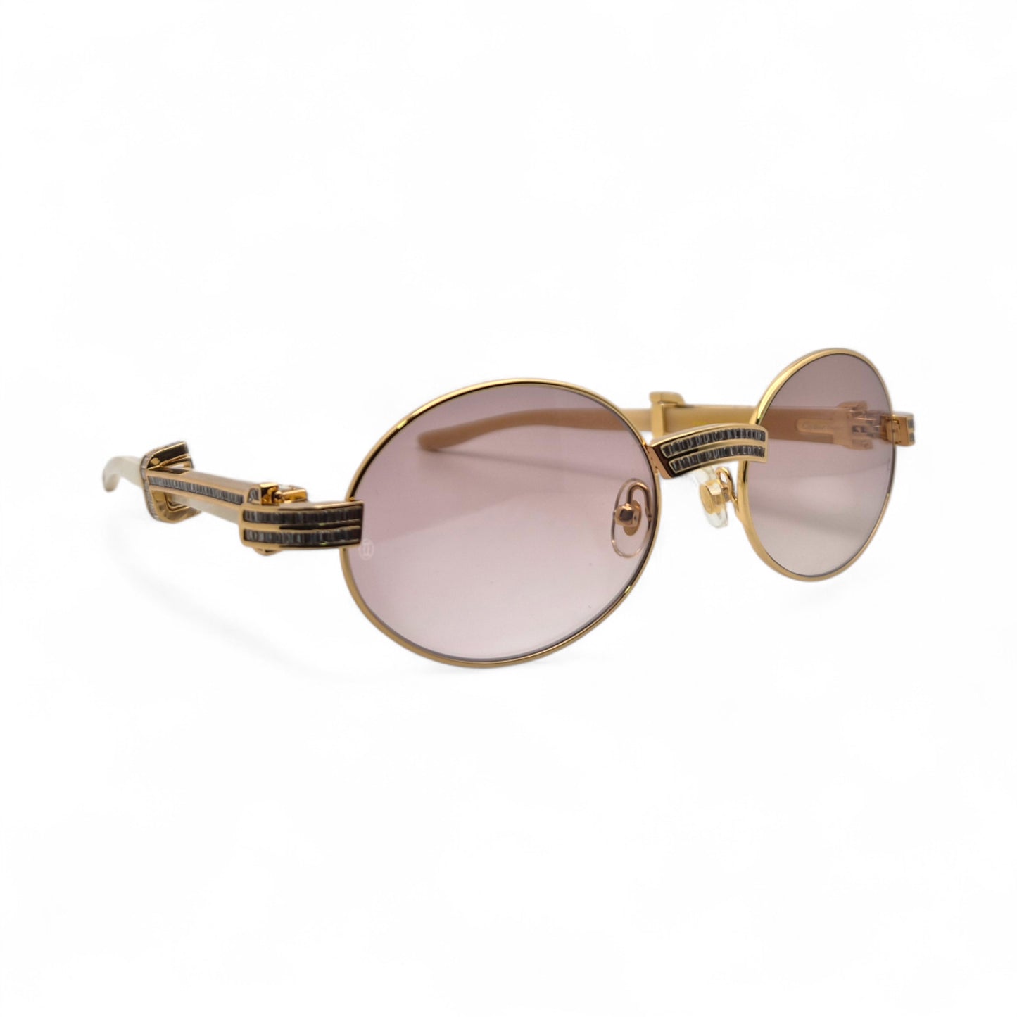 Giverny (Iced) - 55-22 Gold Genuine Horn Sunglasses w/ Brown Lenses & Baguette Diamonds Channel Set (90s)