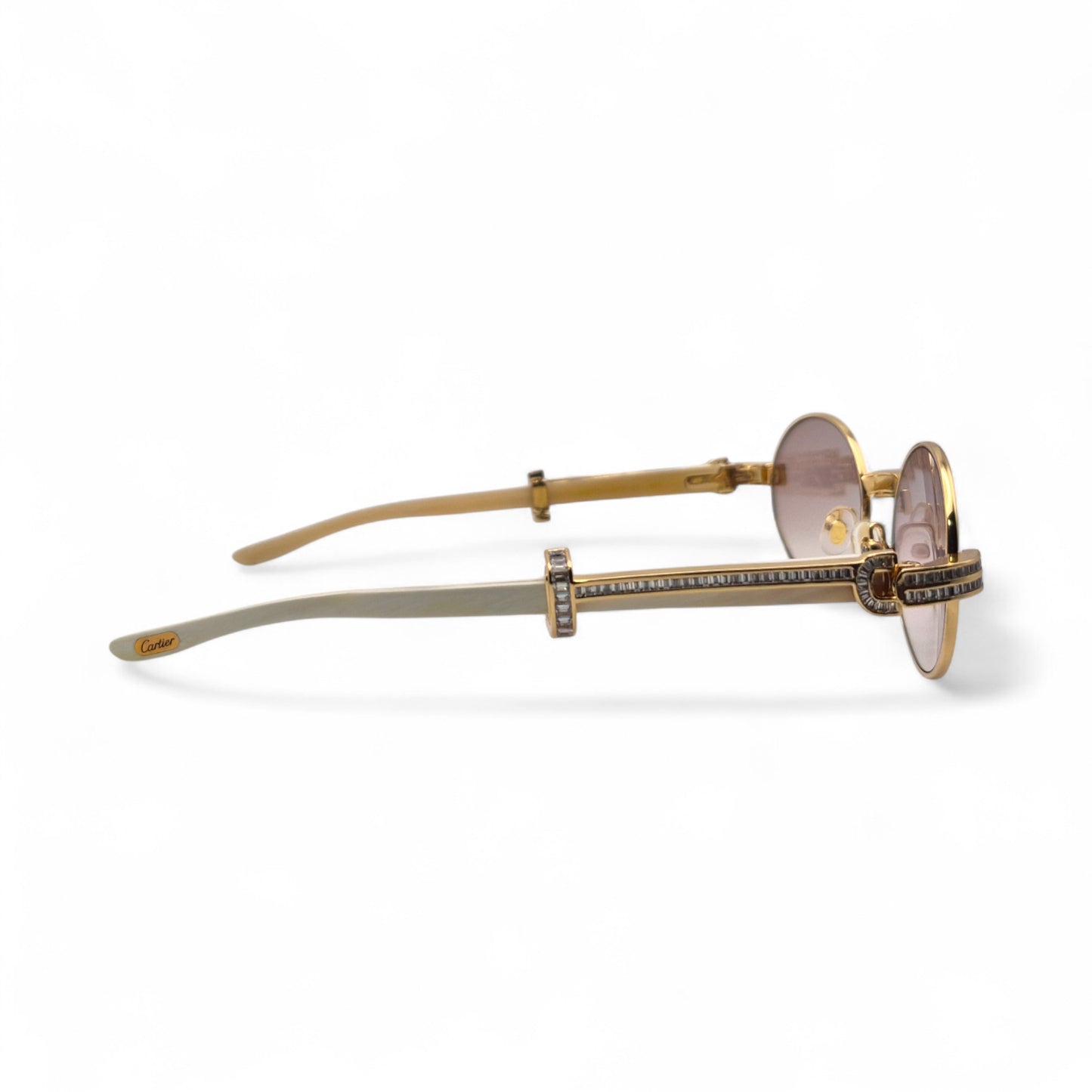 Giverny (Iced) - 55-22 Gold Genuine Horn Sunglasses w/ Brown Lenses & Baguette Diamonds Channel Set (90s)