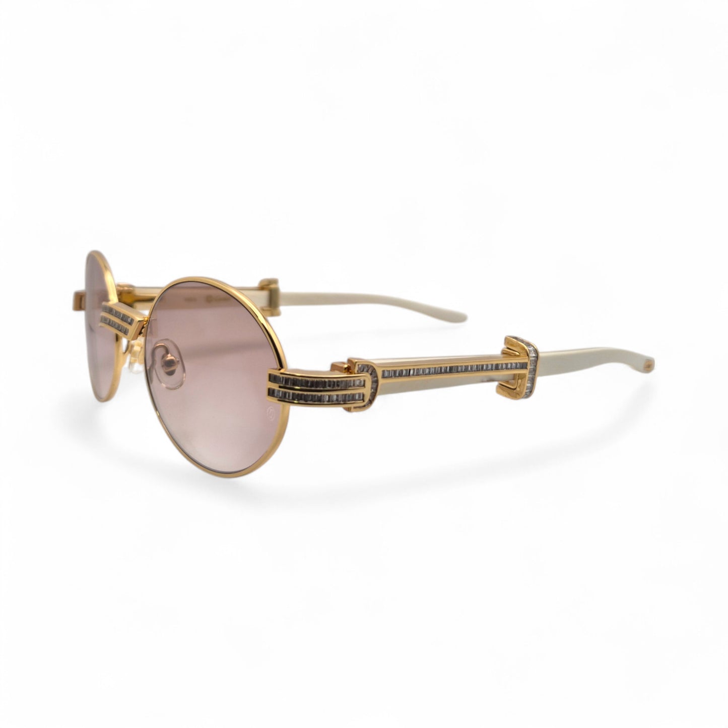 Giverny (Iced) - 55-22 Gold Genuine Horn Sunglasses w/ Brown Lenses & Baguette Diamonds Channel Set (90s)