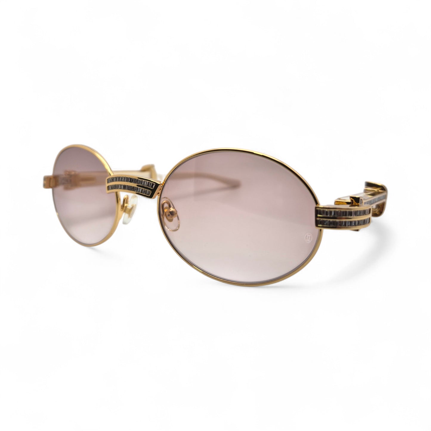 Giverny (Iced) - 55-22 Gold Genuine Horn Sunglasses w/ Brown Lenses & Baguette Diamonds Channel Set (90s)