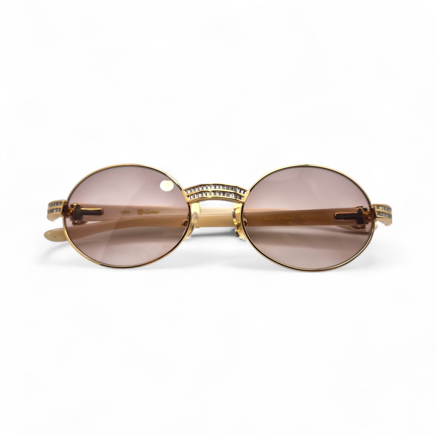 Giverny (Iced) - 55-22 Gold Genuine Horn Sunglasses w/ Brown Lenses & Baguette Diamonds Channel Set (90s)