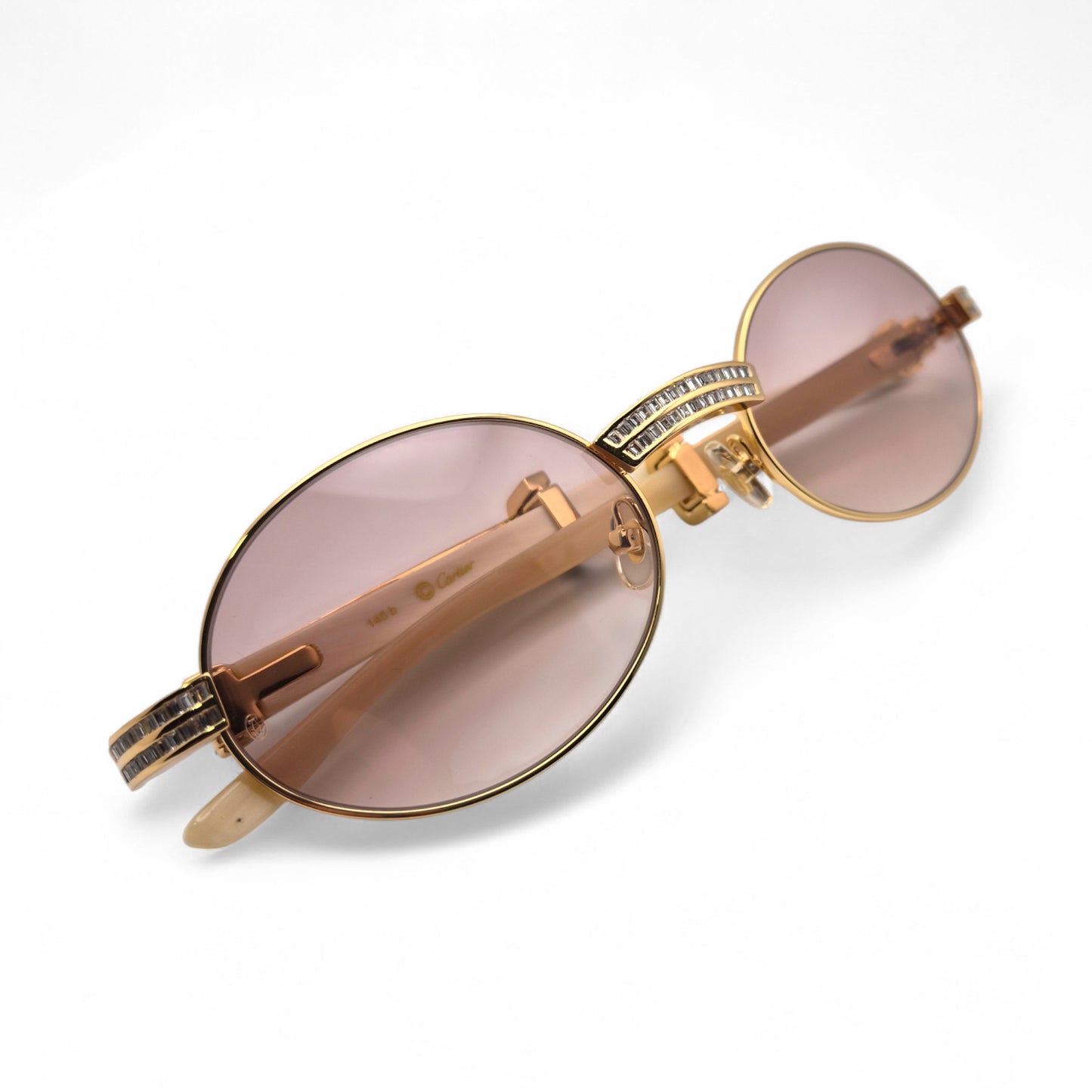 Giverny (Iced) - 55-22 Gold Genuine Horn Sunglasses w/ Brown Lenses & Baguette Diamonds Channel Set (90s)