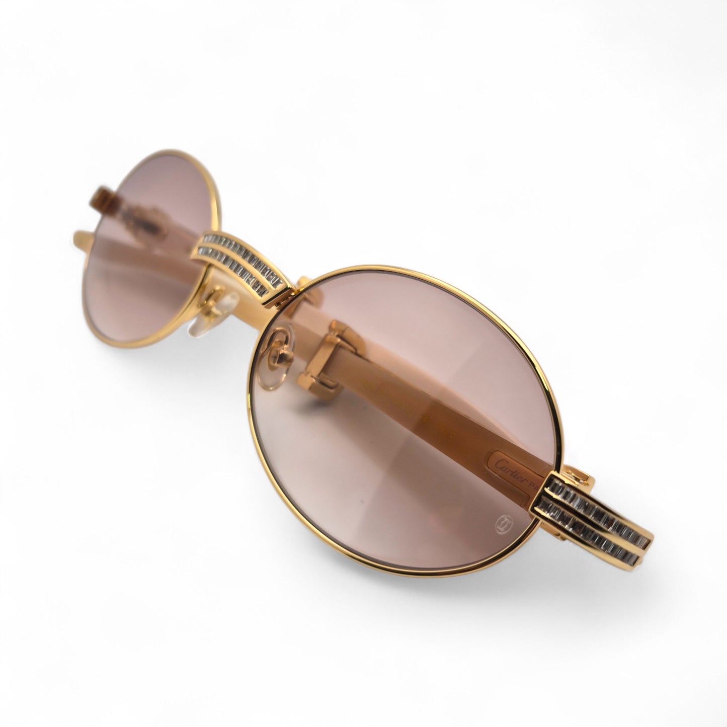 Giverny (Iced) - 55-22 Gold Genuine Horn Sunglasses w/ Brown Lenses & Baguette Diamonds Channel Set (90s)