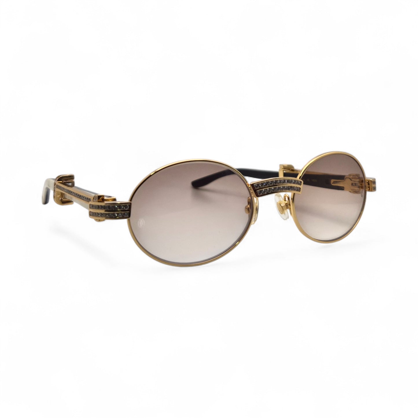 Giverny (Iced) - 55-22 Gold Genuine White Horn Sunglasses w/ Brown Lenses & Round Diamonds Channel Set (90s)