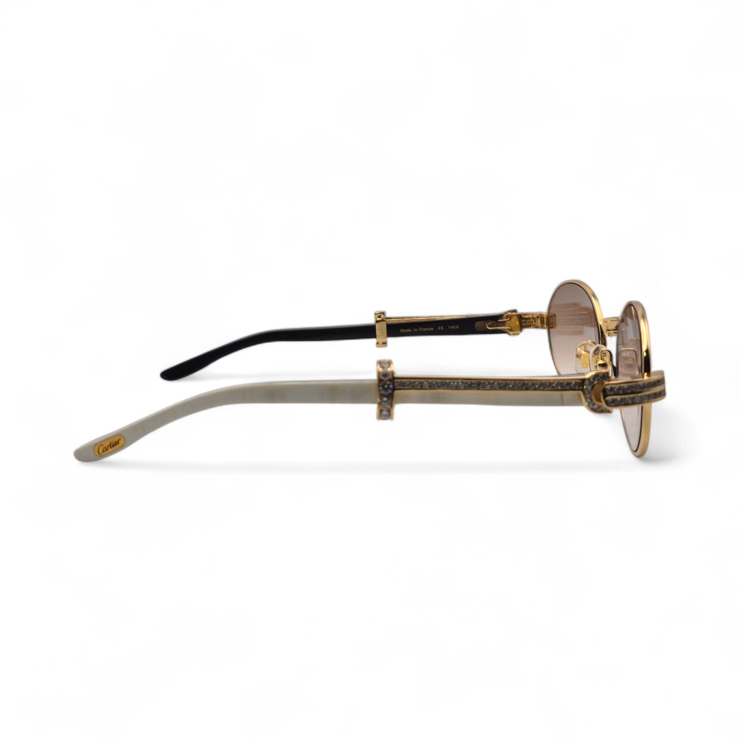 Giverny (Iced) - 55-22 Gold Genuine White Horn Sunglasses w/ Brown Lenses & Round Diamonds Channel Set (90s)
