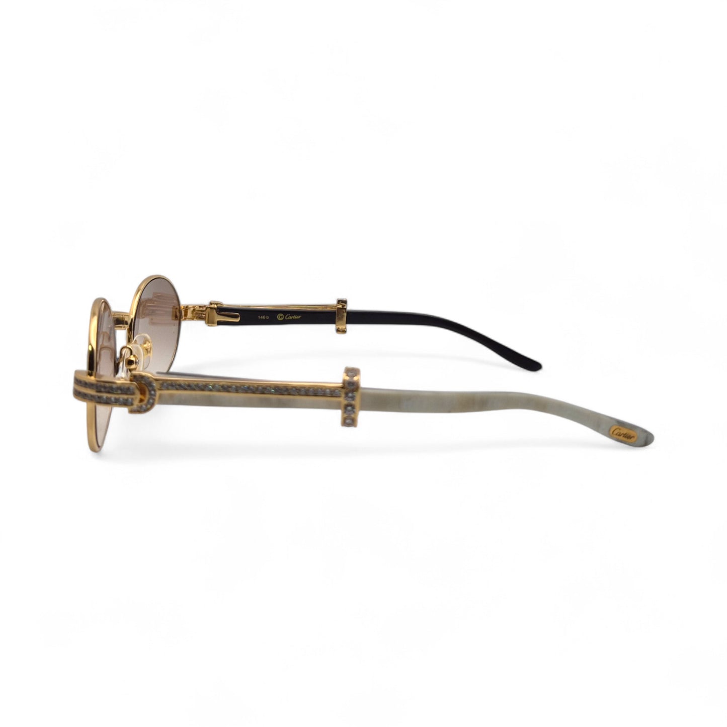 Giverny (Iced) - 55-22 Gold Genuine White Horn Sunglasses w/ Brown Lenses & Round Diamonds Channel Set (90s)