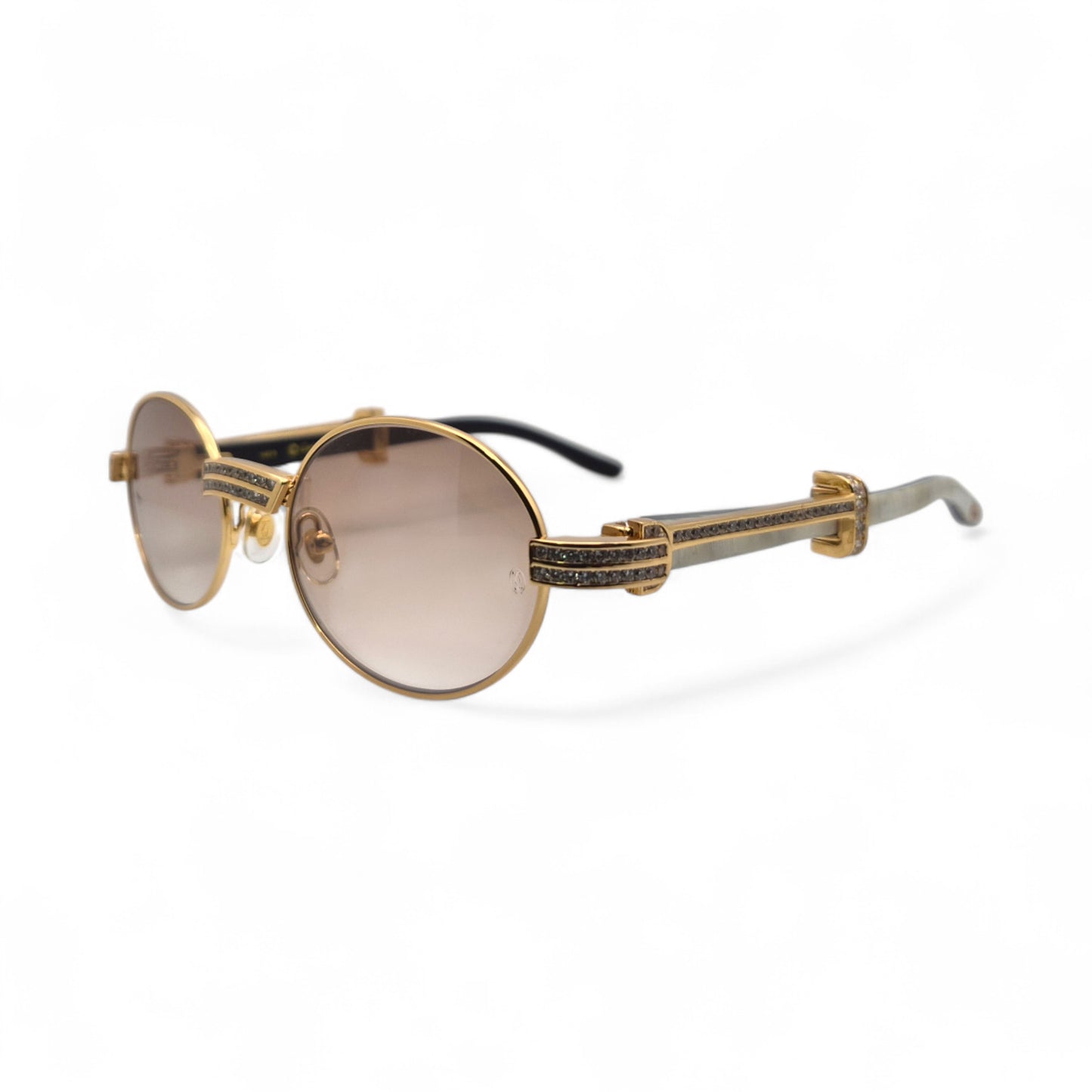 Giverny (Iced) - 55-22 Gold Genuine White Horn Sunglasses w/ Brown Lenses & Round Diamonds Channel Set (90s)
