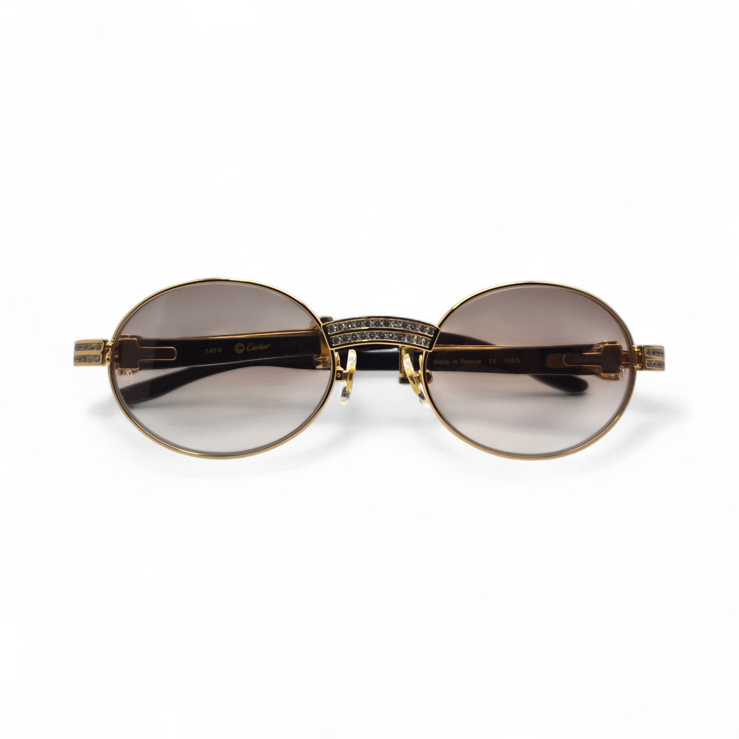 Giverny (Iced) - 55-22 Gold Genuine White Horn Sunglasses w/ Brown Lenses & Round Diamonds Channel Set (90s)
