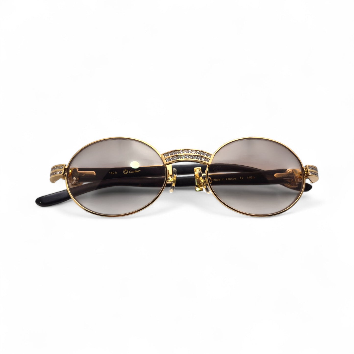 Giverny (Iced) - 55-22 Gold Genuine White Horn Sunglasses w/ Brown Lenses & Round Diamonds Channel Set (90s)