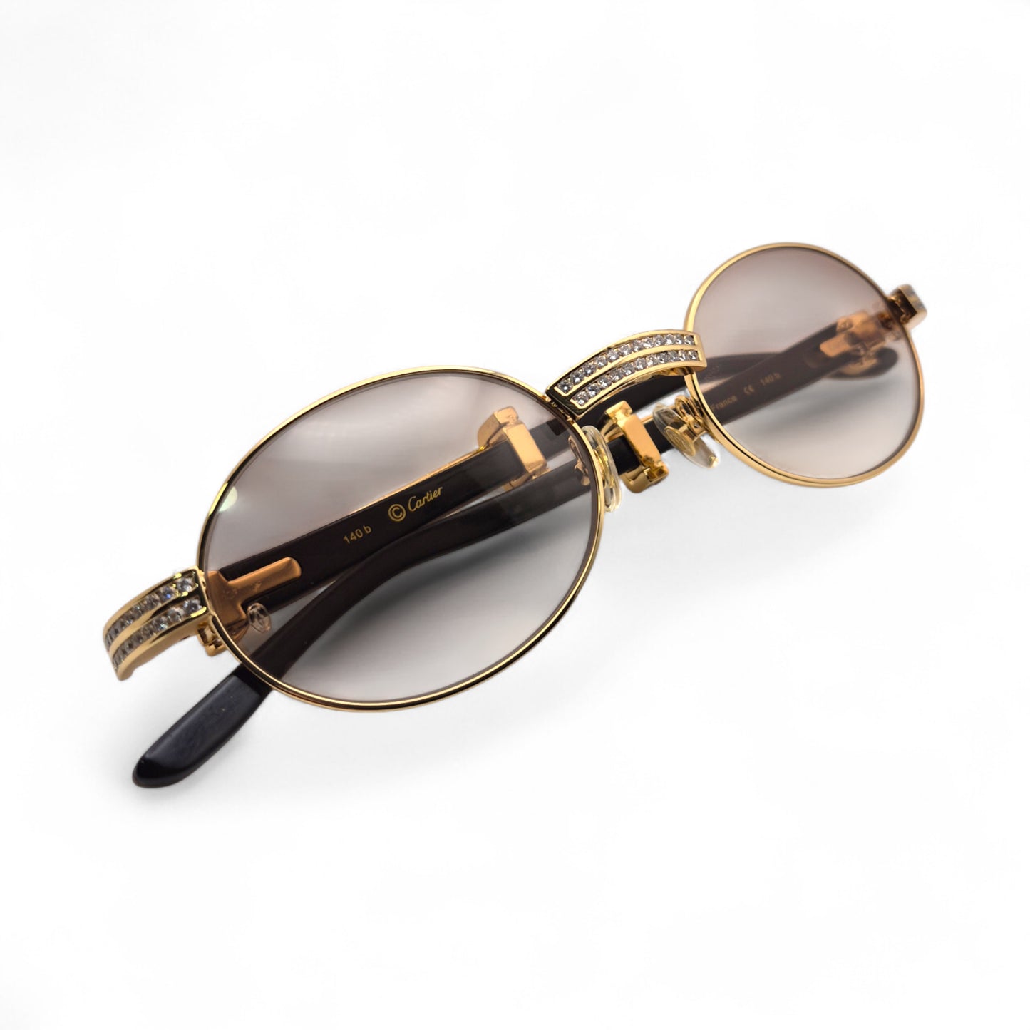 Giverny (Iced) - 55-22 Gold Genuine White Horn Sunglasses w/ Brown Lenses & Round Diamonds Channel Set (90s)