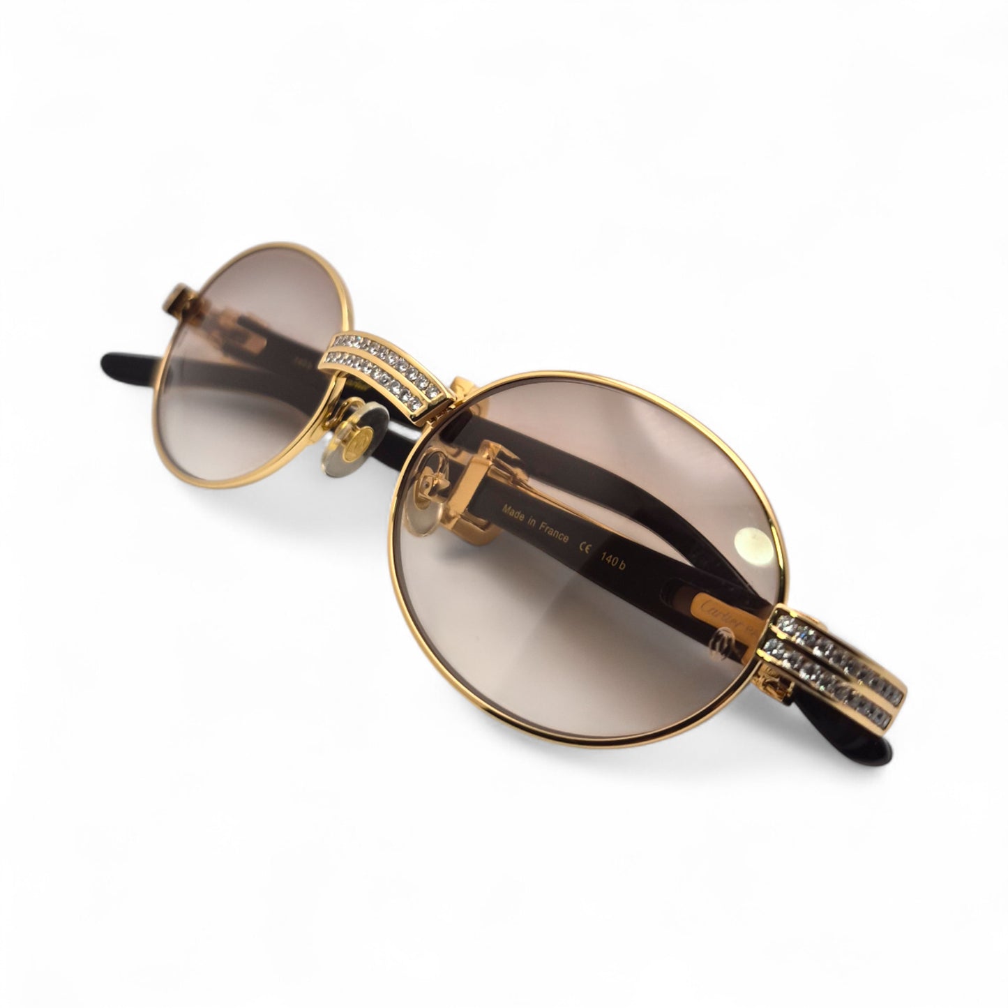 Giverny (Iced) - 55-22 Gold Genuine White Horn Sunglasses w/ Brown Lenses & Round Diamonds Channel Set (90s)