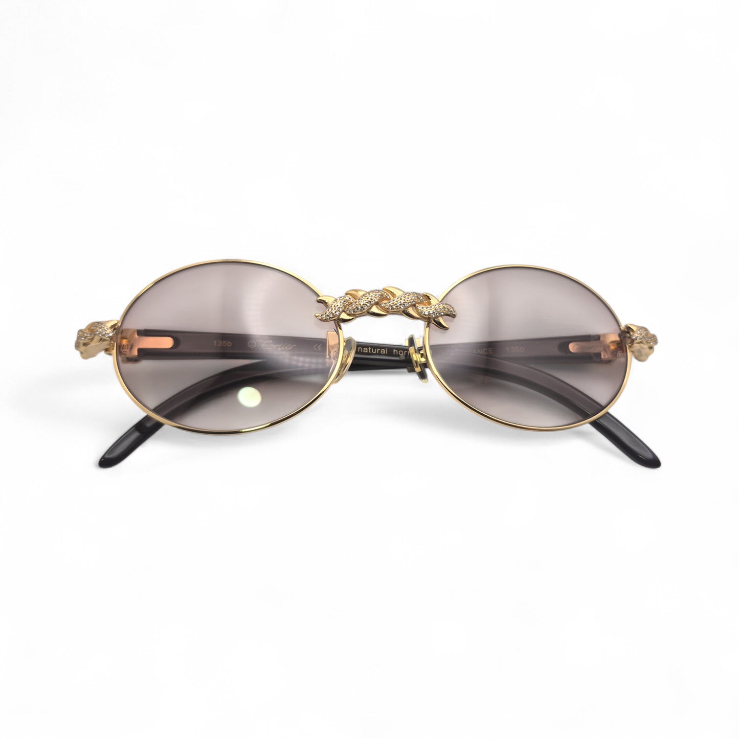 Giverny (Iced) - 55-22 Gold Genuine Black Horn Sunglasses w/ Brown Lenses & Diamonds X-Link Set (90s)