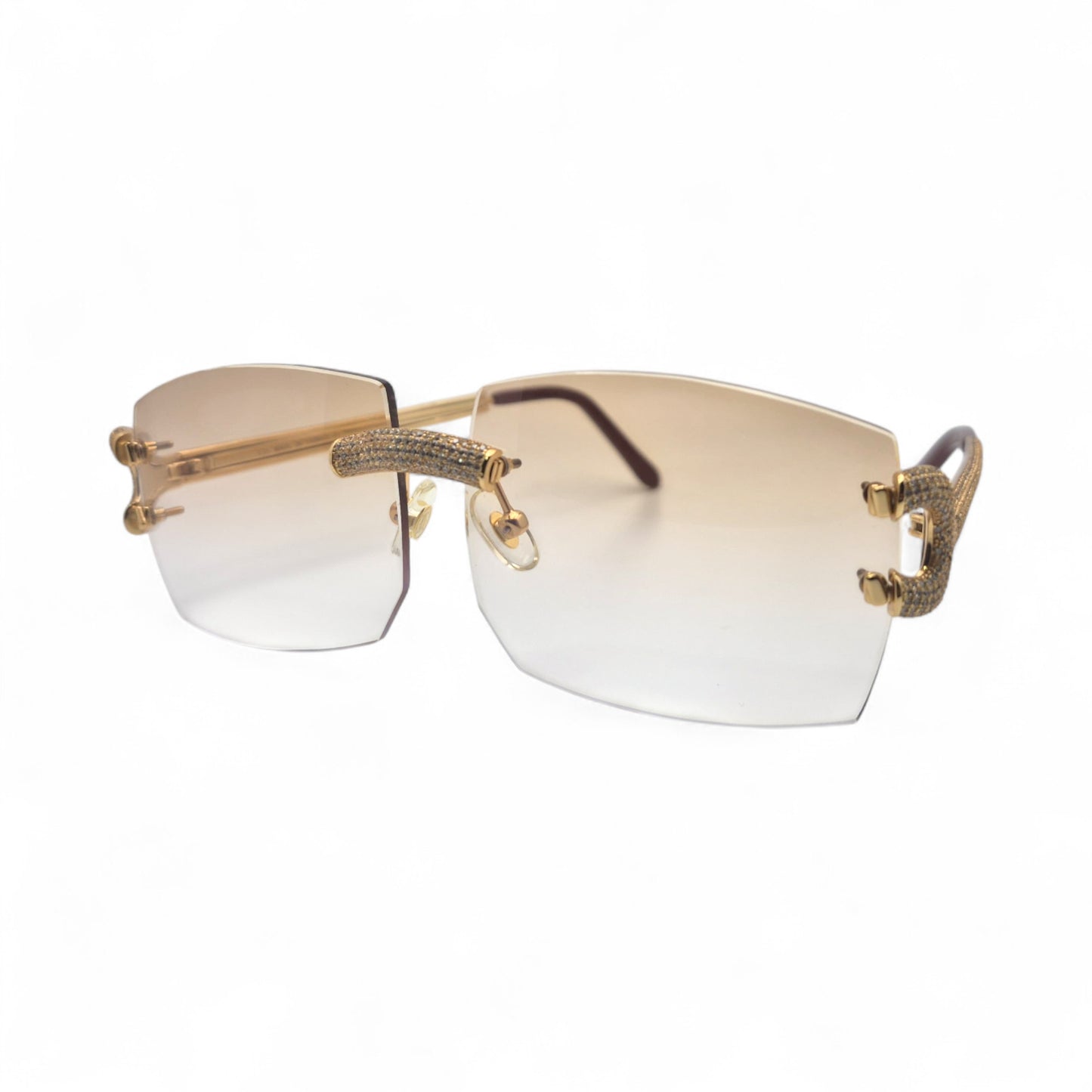 Big C Decor (Iced) - Gold Wires Sunglasses w/ Light Hennessy Brown Bugati Lenses - 5pc Diamonds Micropave Set (2010s)